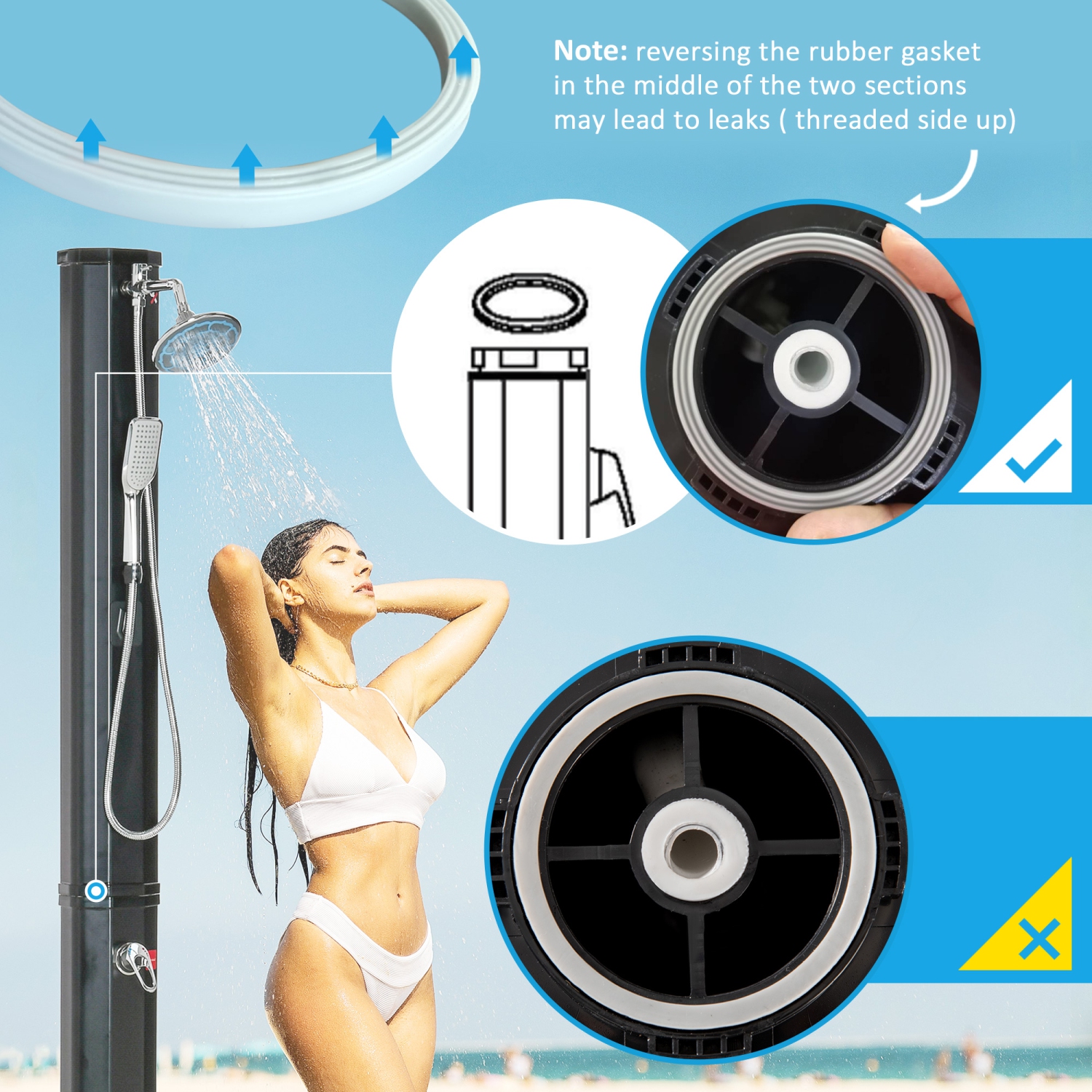 Outsunny 7ft Outdoor Solar Heated Shower w/ 360 Rotating Rainfall & Handheld Shower Head, Foot Shower Faucet, Temperature & Pressure Adjustable,