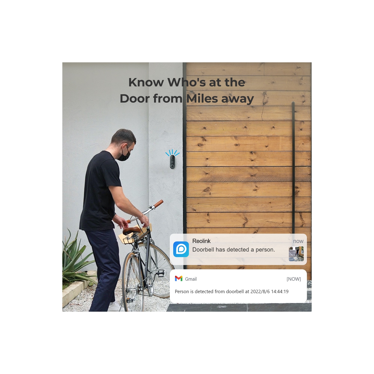 Sonnette vidéo Wi-Fi, sonnette vidéo intelligente Wi-Fi 2K+ avec fil, carillon, détection de personne, caméra de sécurité de porte d'entrée de Reolink