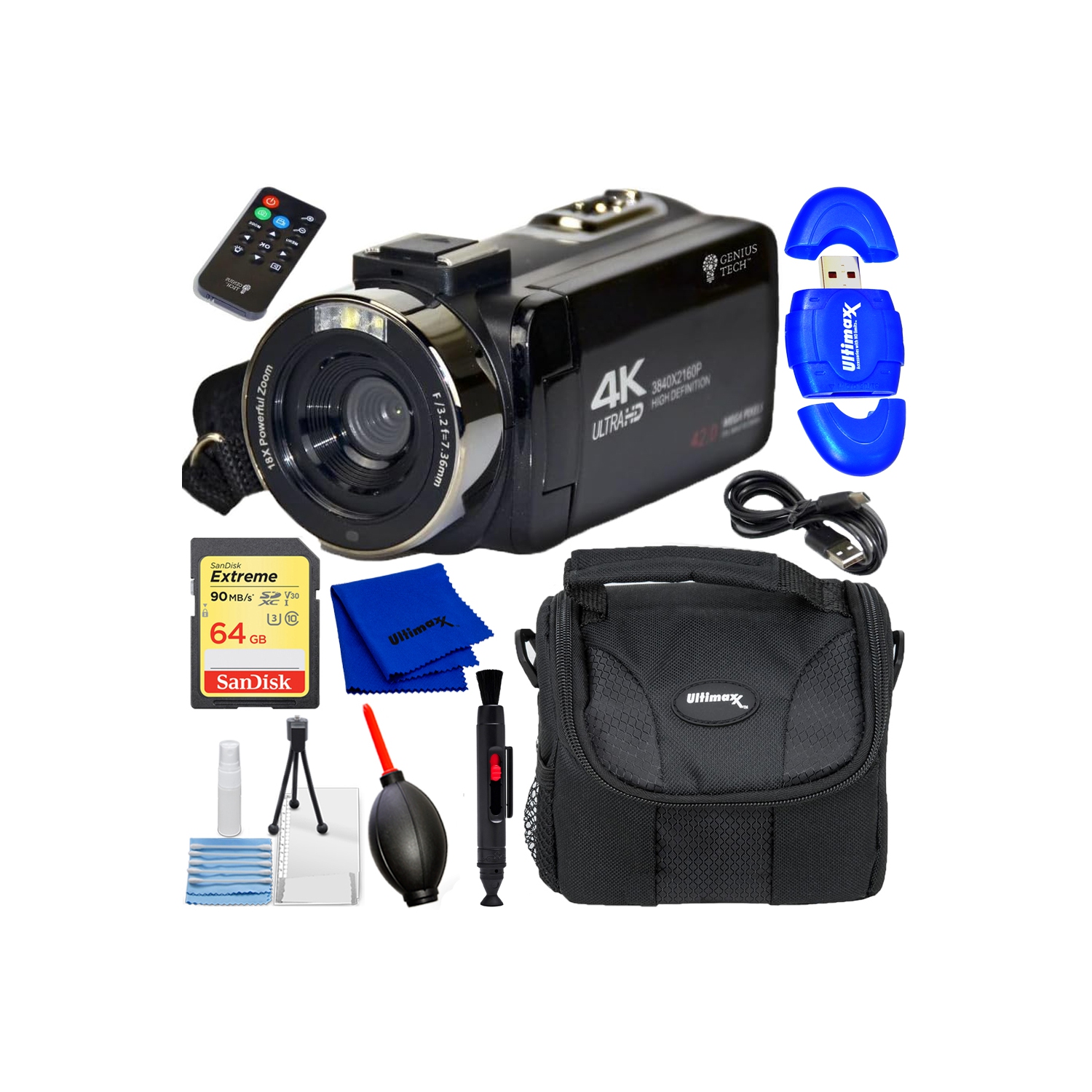 Caméra vidéo numérique 42&nbsp;Mpx de GeniusTech avec carte SD 64&nbsp;Go, télécommande, étui et câble USB