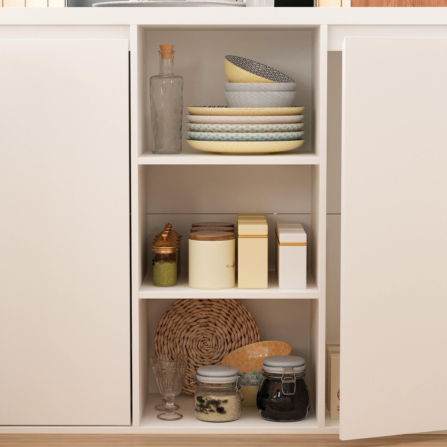 Îlot de cuisine blanc spacieux Homsee avec vaste espace de rangement, portes d'armoires, tiroir et tablettes ouvertes, blanc