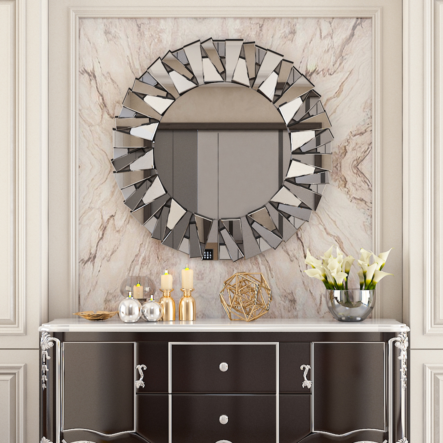 32 Inch Large Silver Vanity Round Decorative Mirror with Beveled Glass Frame Edge and Back for Modern Home Mirrored HD Art Accent Decor Bathroom