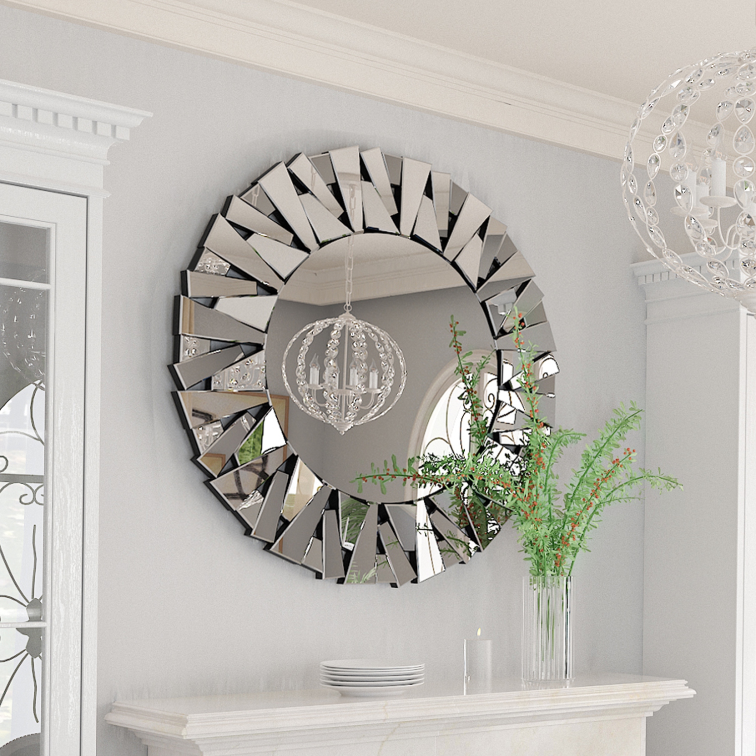 32 Inch Large Silver Vanity Round Decorative Mirror with Beveled Glass Frame Edge and Back for Modern Home Mirrored HD Art Accent Decor Bathroom