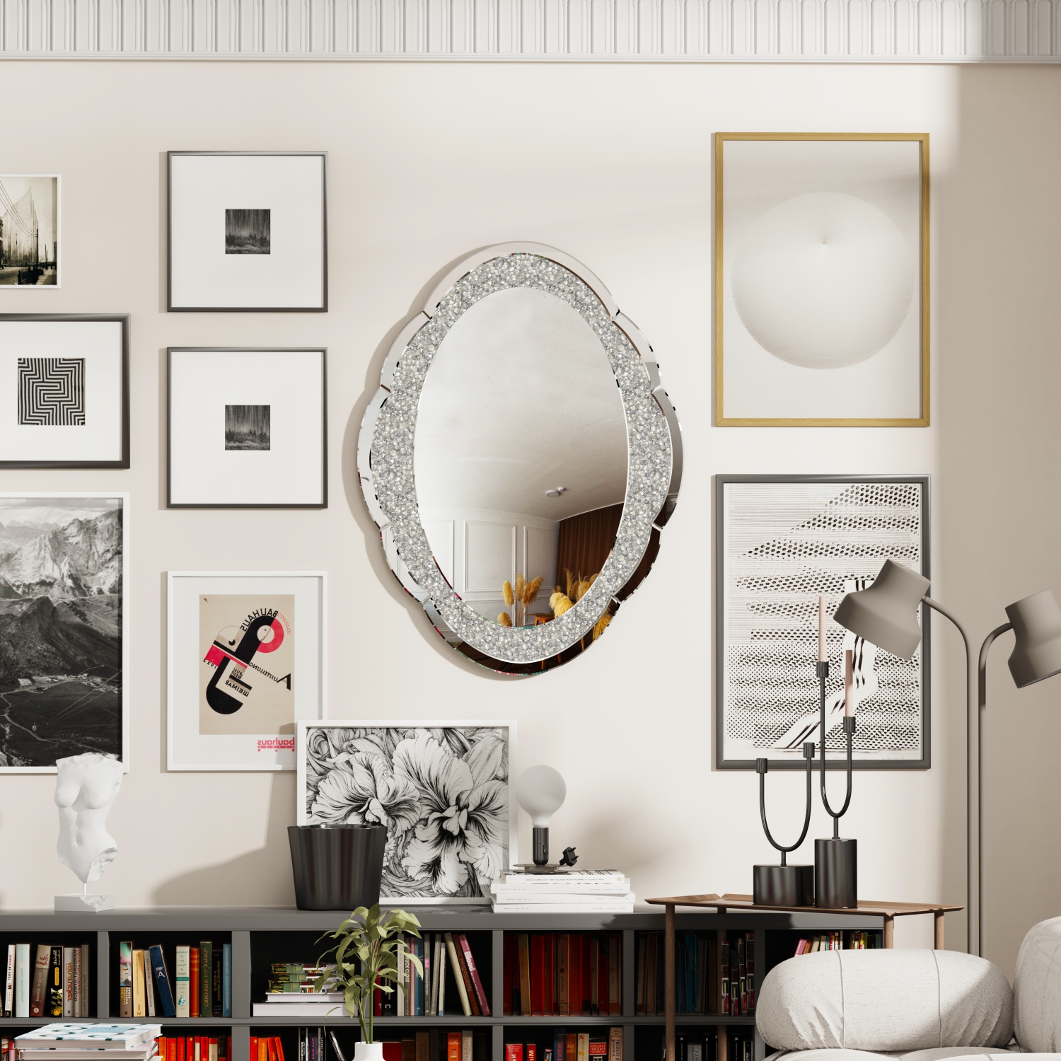 32 x 24 inch Large Modern Cloud-shape Accent Wall Mirror Decorative Silver Glass Vanity with Crush Diamond Bling Crystal Frame Edge, Home Luxury