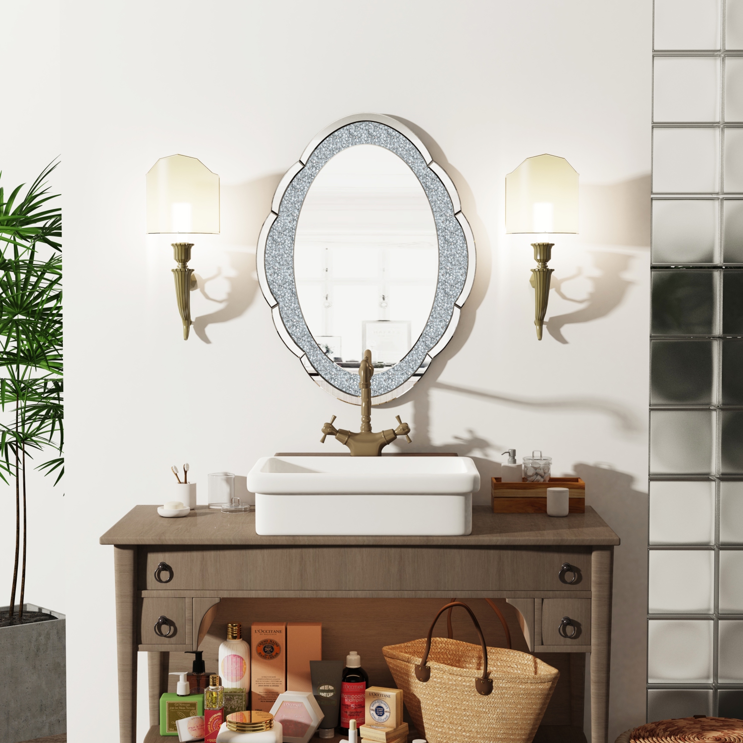 32 x 24 inch Large Modern Cloud-shape Accent Wall Mirror Decorative Silver Glass Vanity with Crush Diamond Bling Crystal Frame Edge, Home Luxury