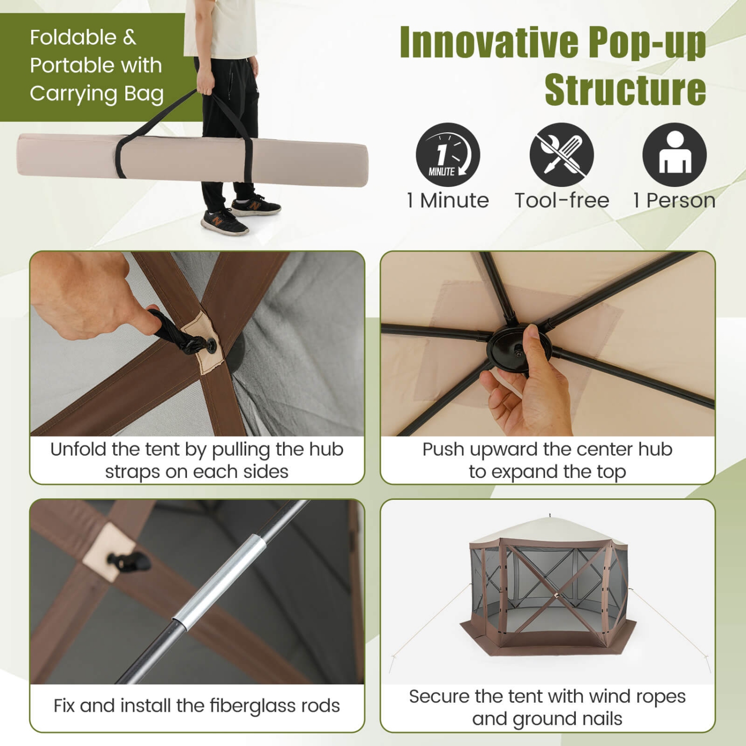 Costway 11.5 X 11.5 FT Pop-up Gazebo Tent with Mesh Netting Walls 2 Removable Privacy Wind Cloths