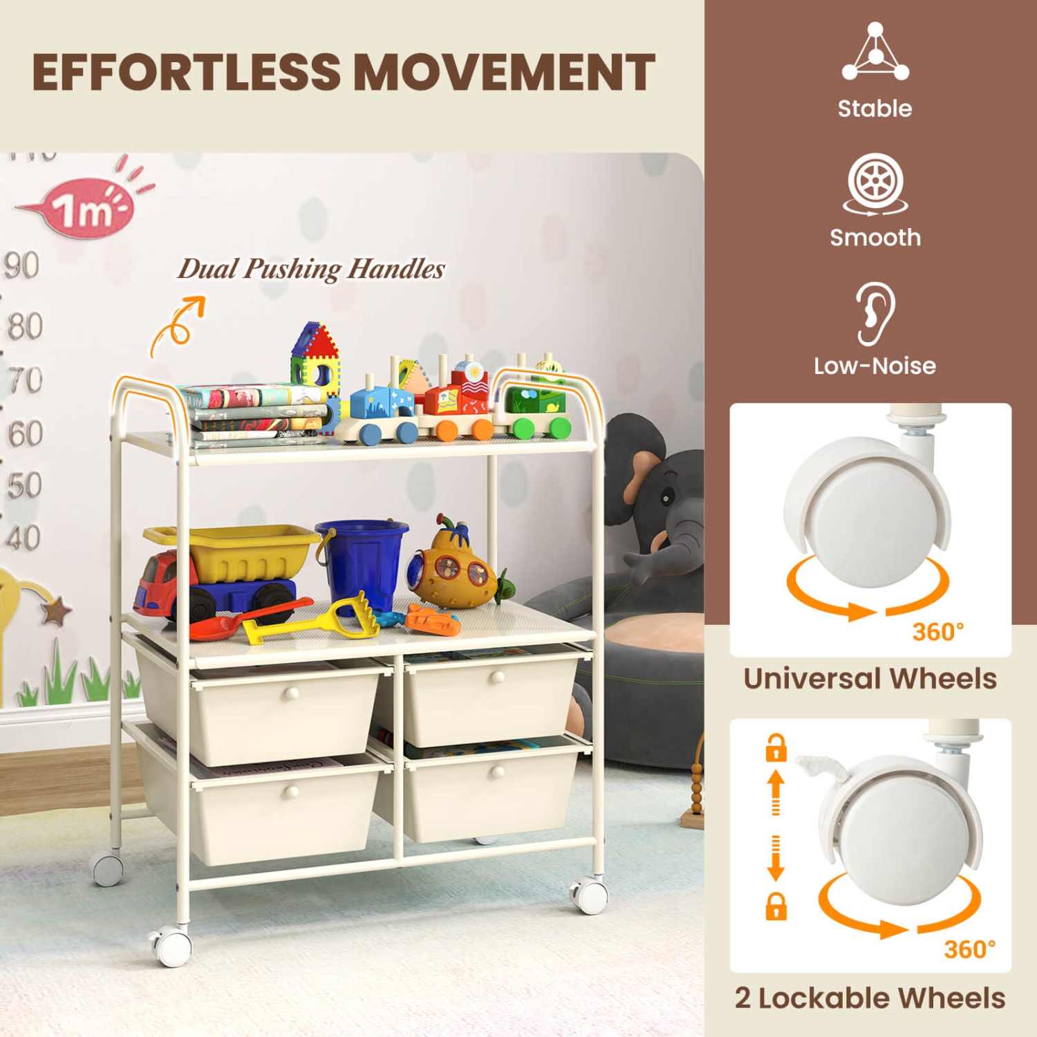 Chariot de rangement à roulettes à 4 tiroirs de Costway, étagère Scrapbook Paper Office Organisateur d'école