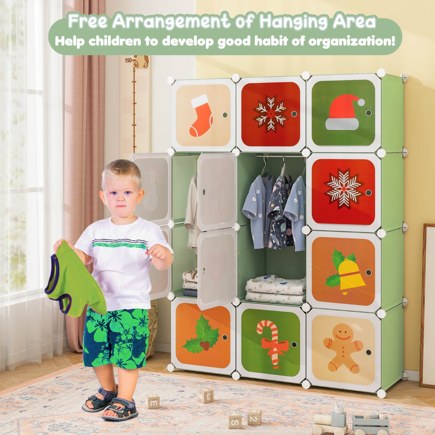 Armoire de chambre à coucher à 12 cubes pour enfants Costway Armoire pendante avec portes