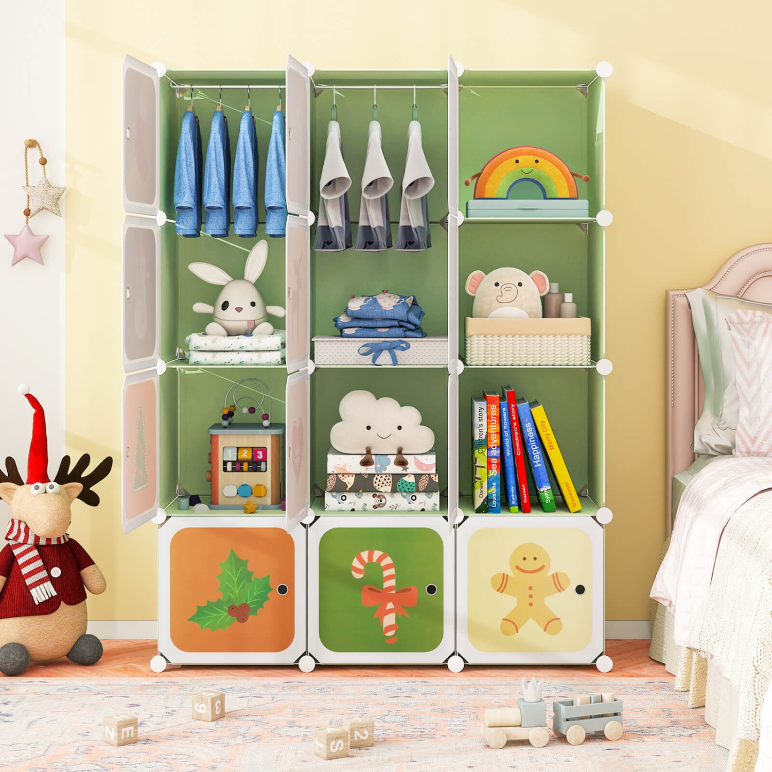 Armoire de chambre à coucher à 12 cubes pour enfants Costway Armoire pendante avec portes