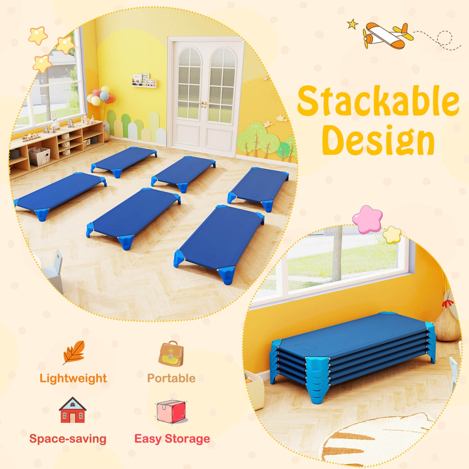 Ensemble de 6 lits empilables de Costway pour la garderie avec coins Easy Lift, cadre en métal robuste pour enfants