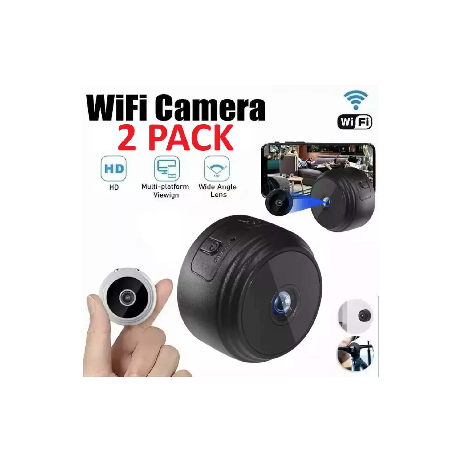 2 PACK of Mini WiFi HD Security Camera Wireless for Smart Home Security with Live Video Phone App, Human & Pet Detection, Car Nanny Cam, Sound & Portable Baby Small Video Cameras