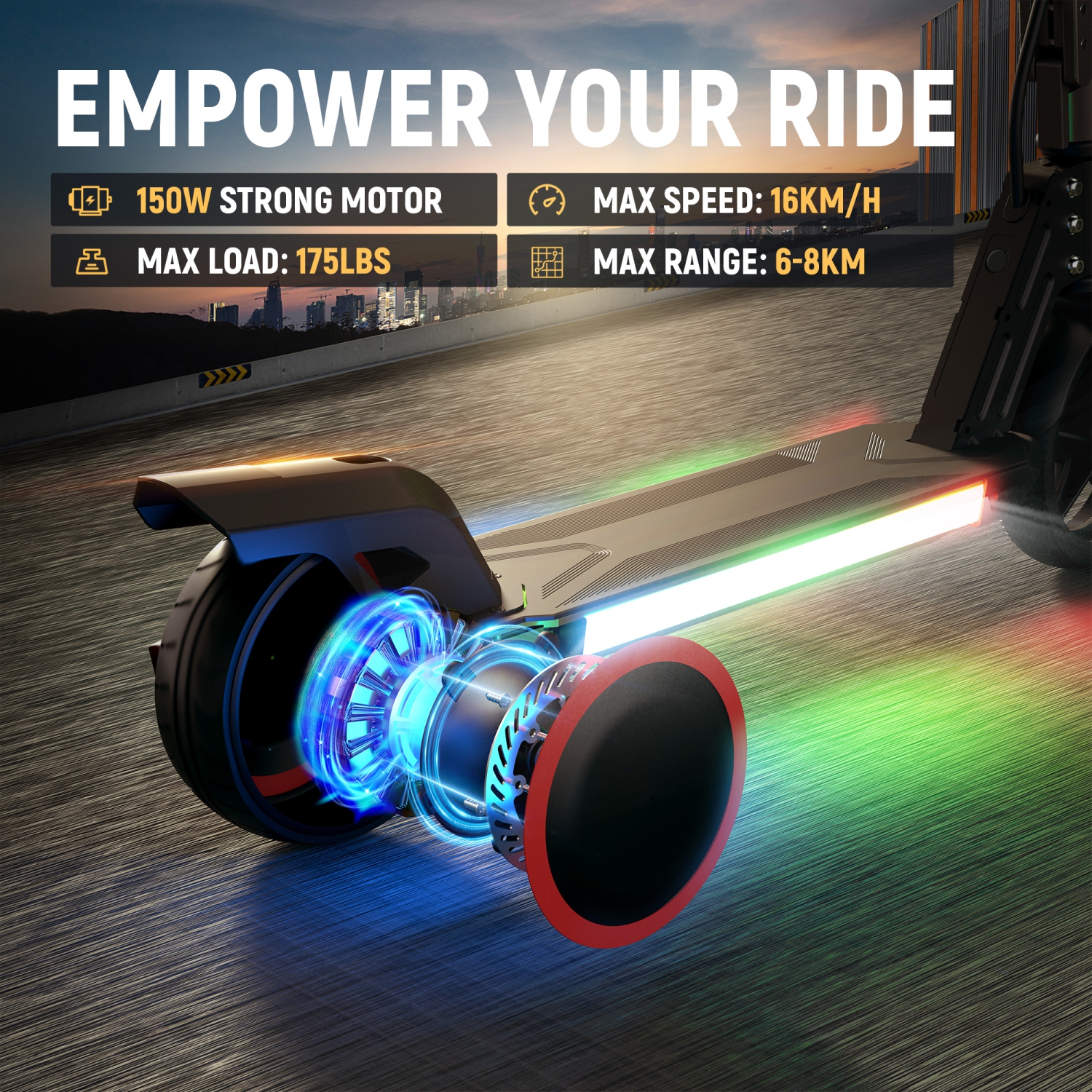 Trottinette électrique pliable noire de 6,5 po pour enfants de BIIST avec phares LED, phares avant et pédale lumineuse multicolore