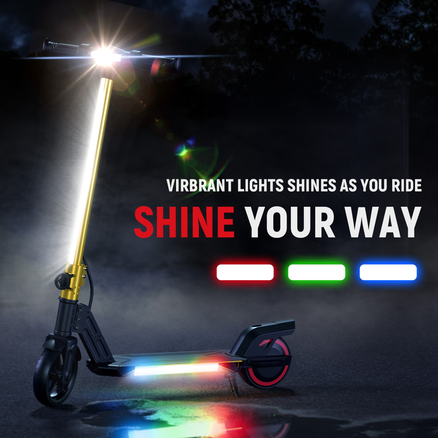 BIIST Gold 6.5" Foldable Kids Electric Scooter with LED Headlights, Front Lights, and Multicolor Light-Up Pedal