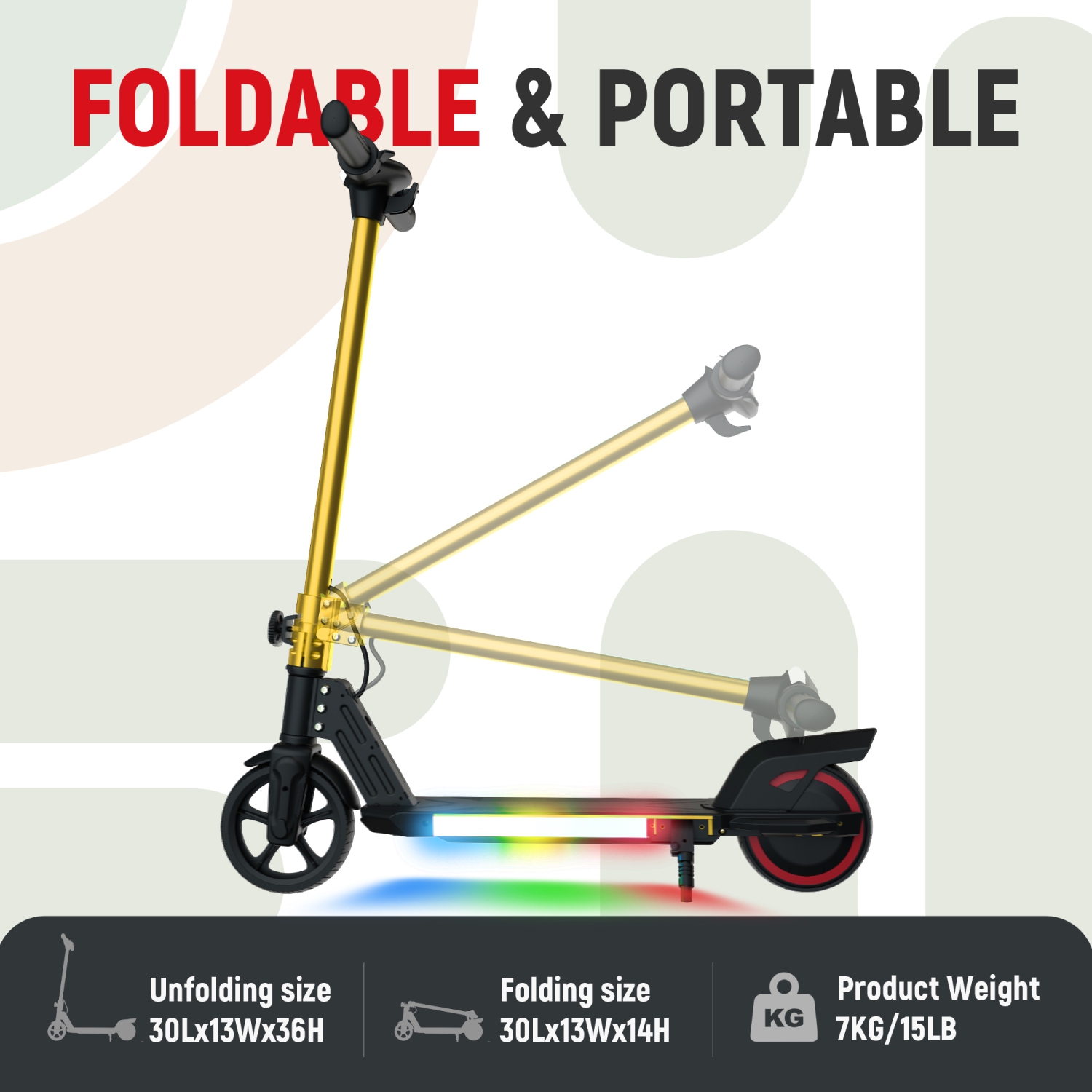 BIIST Gold 6.5" Foldable Kids Electric Scooter with LED Headlights, Front Lights, and Multicolor Light-Up Pedal