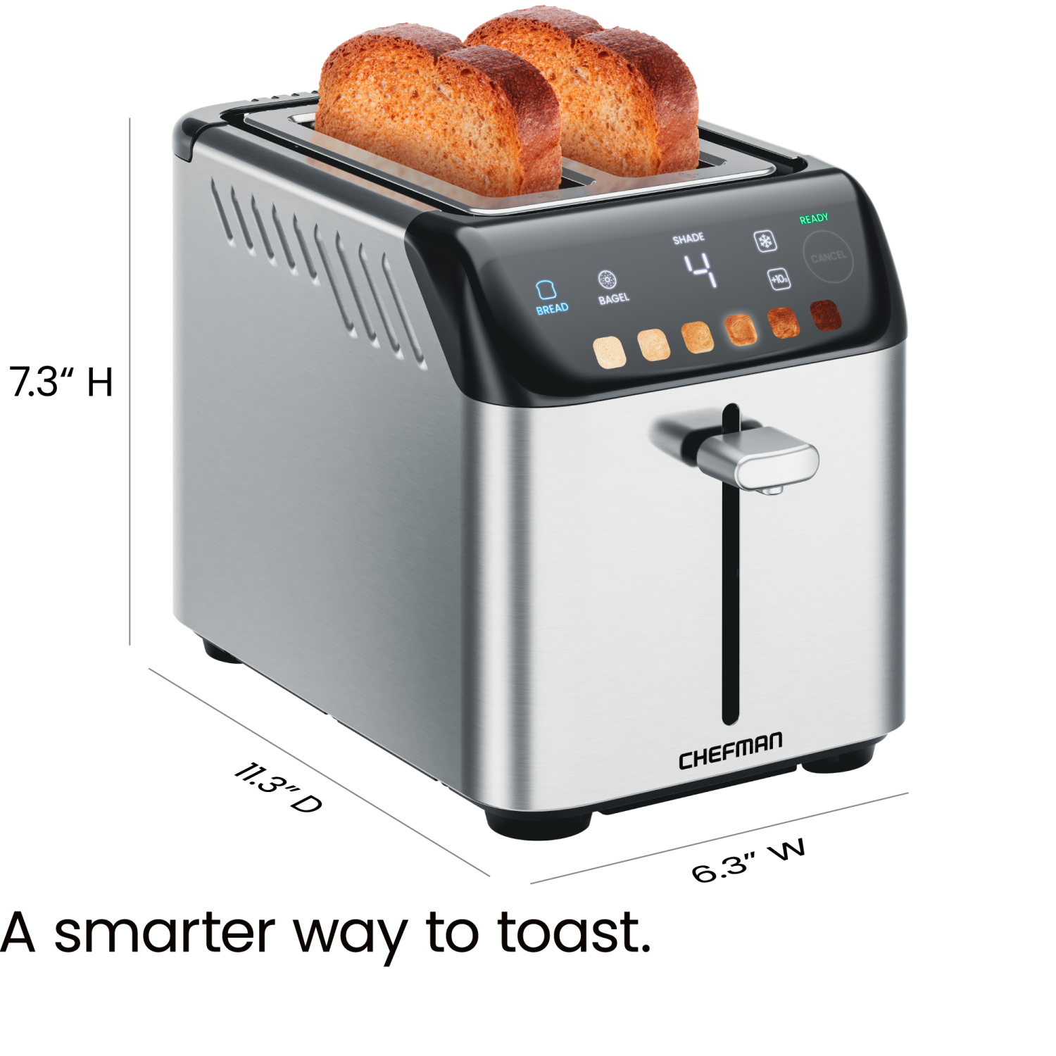 Chefman Smart Touch 2 Slice Digital Toaster, 6 Shade Settings, Stainless Steel Toaster 2 Slice with Extra-Wide Slots, Thick Bread Toaster and Bagel