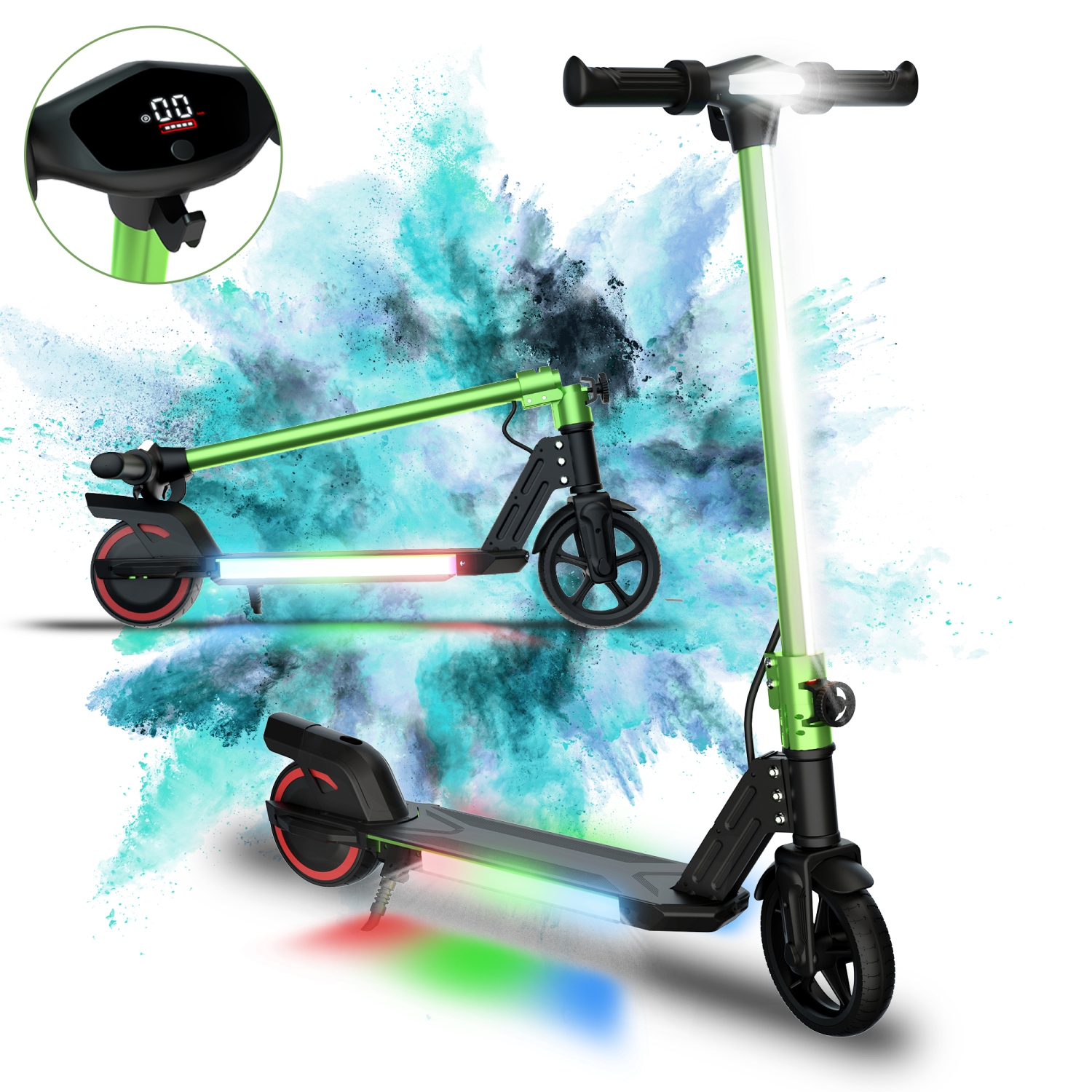 Trottinette électrique pliable pour enfants de 6,5&nbsp;po vert de BIIST avec phares LED, phares avant et pédale lumineuse multicolore, cadre en