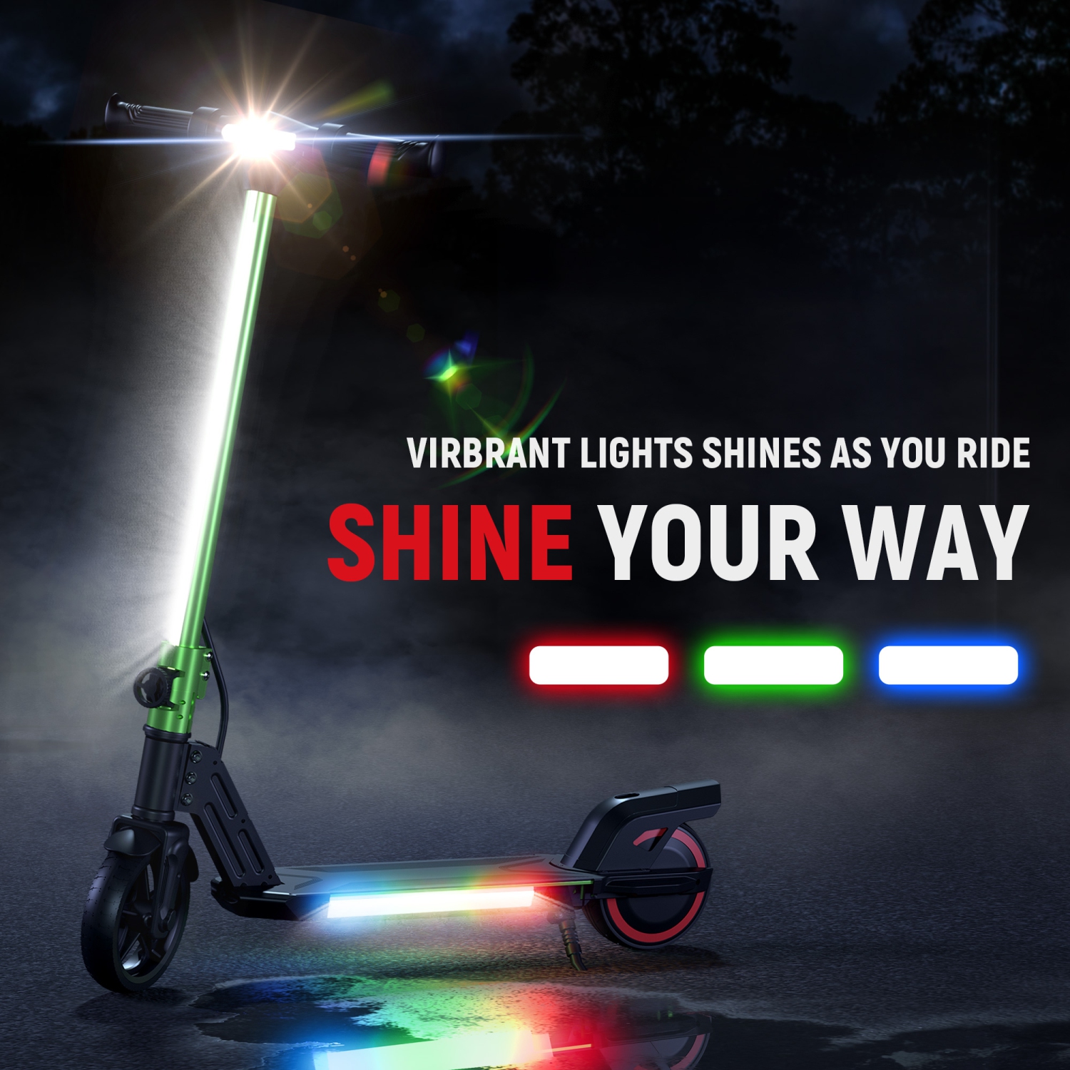 Trottinette électrique pliable pour enfants de 6,5 po vert de BIIST avec phares LED, phares avant et pédale lumineuse multicolore, cadre en