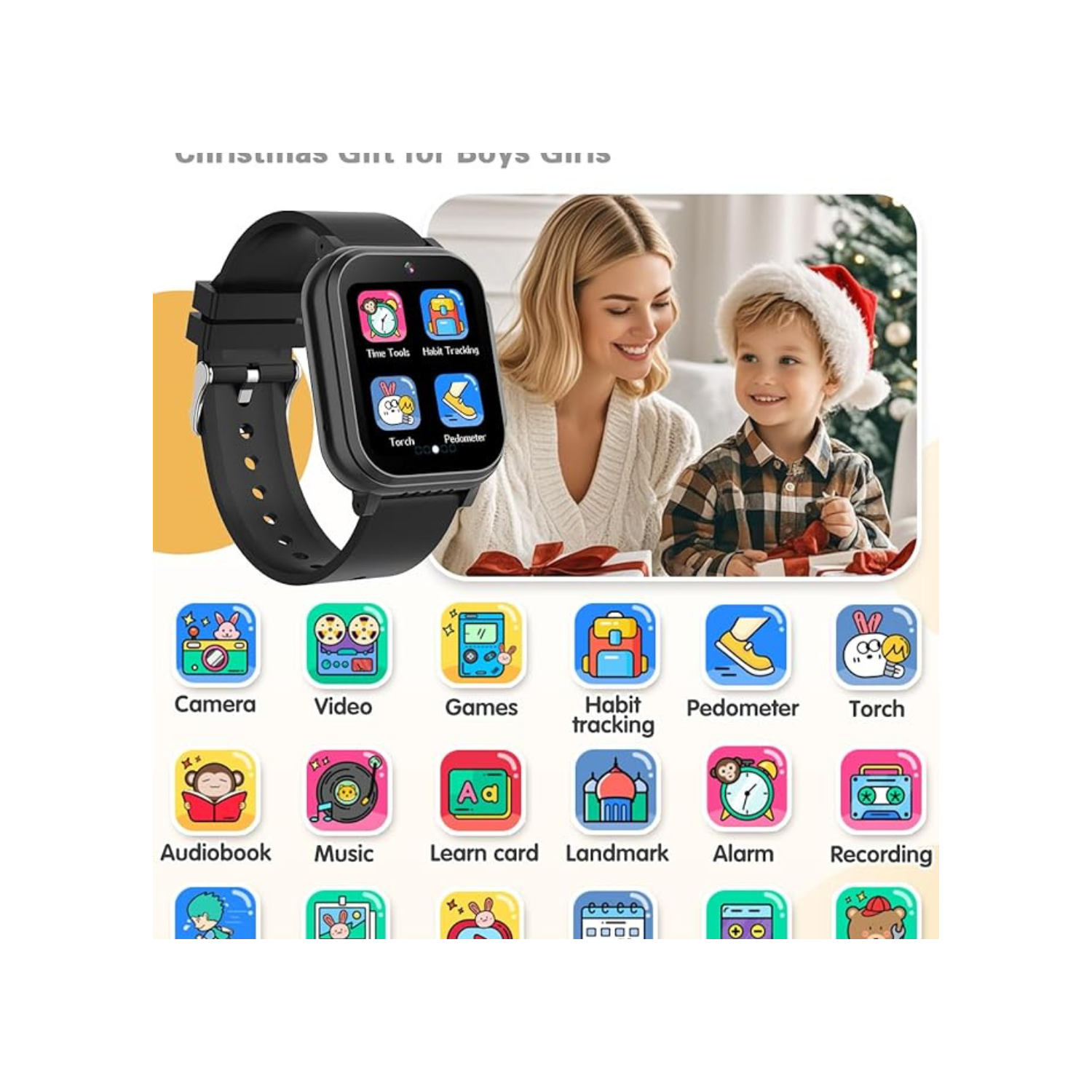 Kids Waterproof Smart Watch Boys Toys Age 5-12 with 32 Games, Dual Camera, Habit Tracking, Music Player, Video, Alarm Clock, HD Touchscreen Watch for