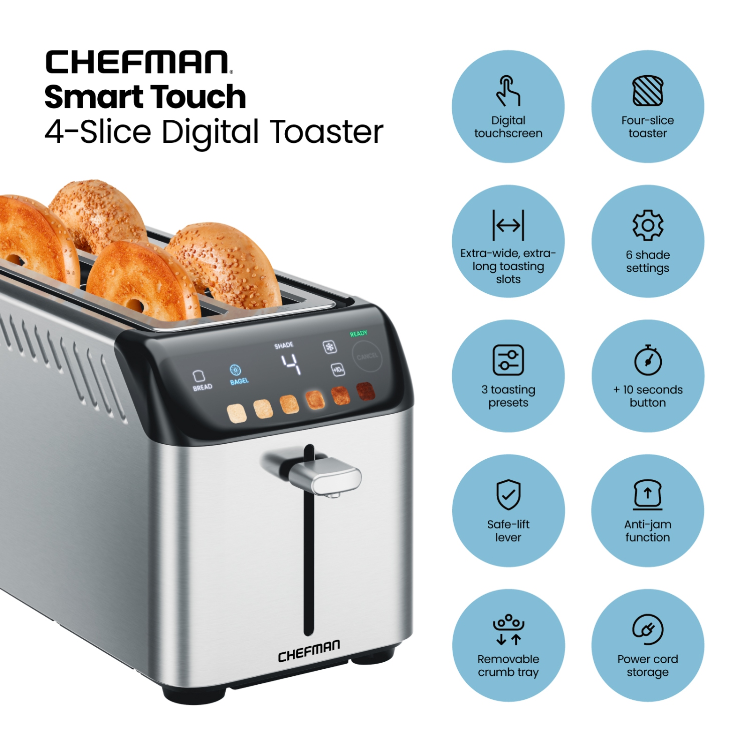 Chefman Smart Touch 4 Slice Digital Toaster, 6 Shade Settings, Stainless Steel Toaster 4 Slice with Extra-Wide Slots, Thick Bread Toaster and Bagel