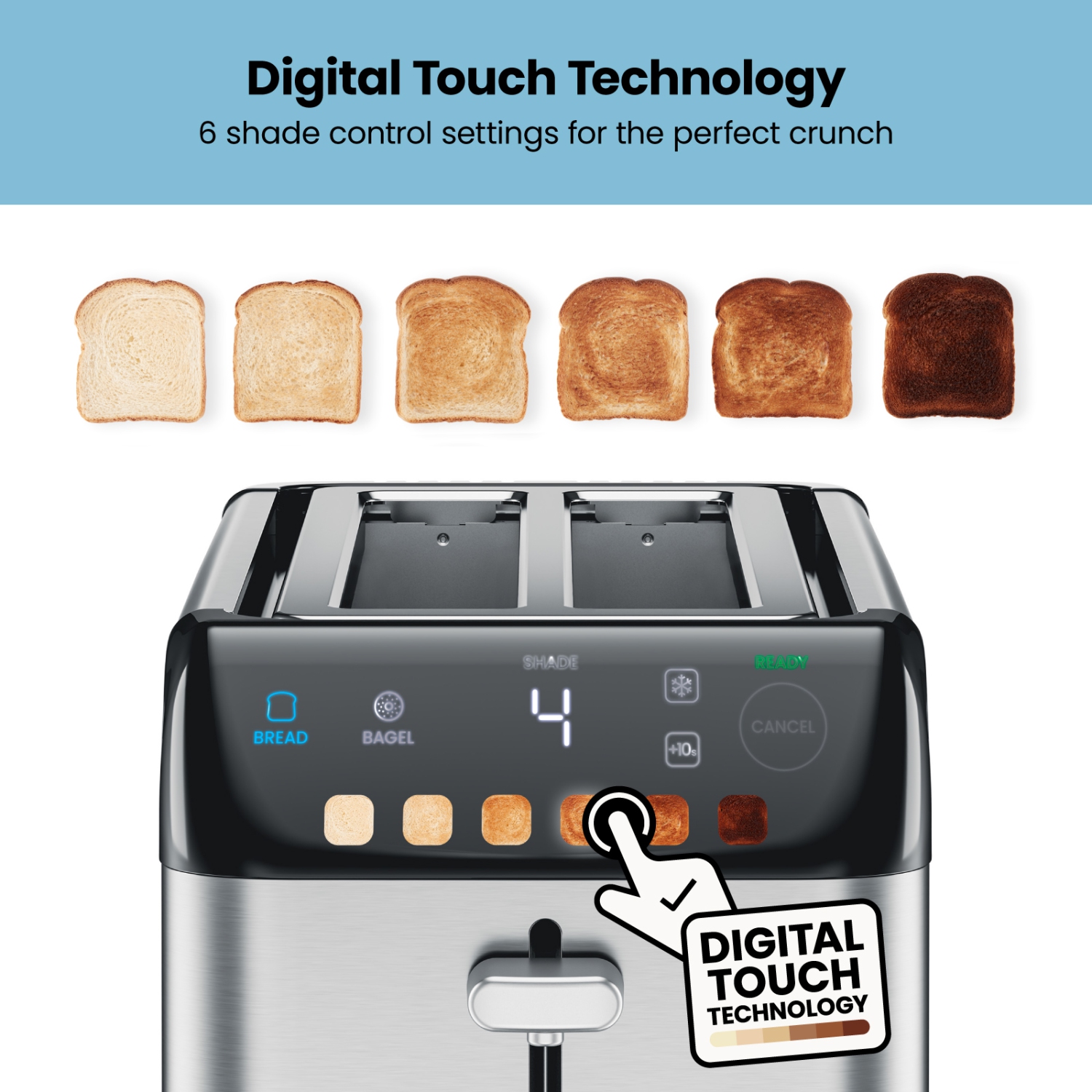 Chefman Smart Touch 4 Slice Digital Toaster, 6 Shade Settings, Stainless Steel Toaster 4 Slice with Extra-Wide Slots, Thick Bread Toaster and Bagel