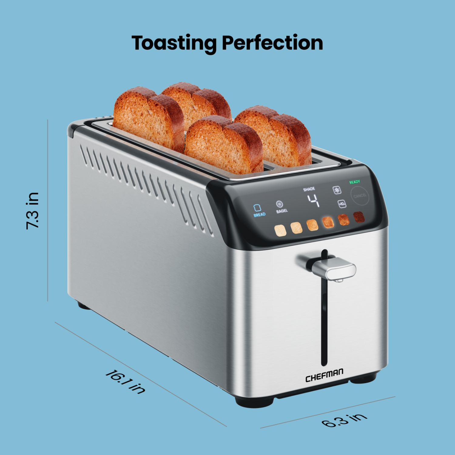 Chefman Smart Touch 4 Slice Digital Toaster, 6 Shade Settings, Stainless Steel Toaster 4 Slice with Extra-Wide Slots, Thick Bread Toaster and Bagel