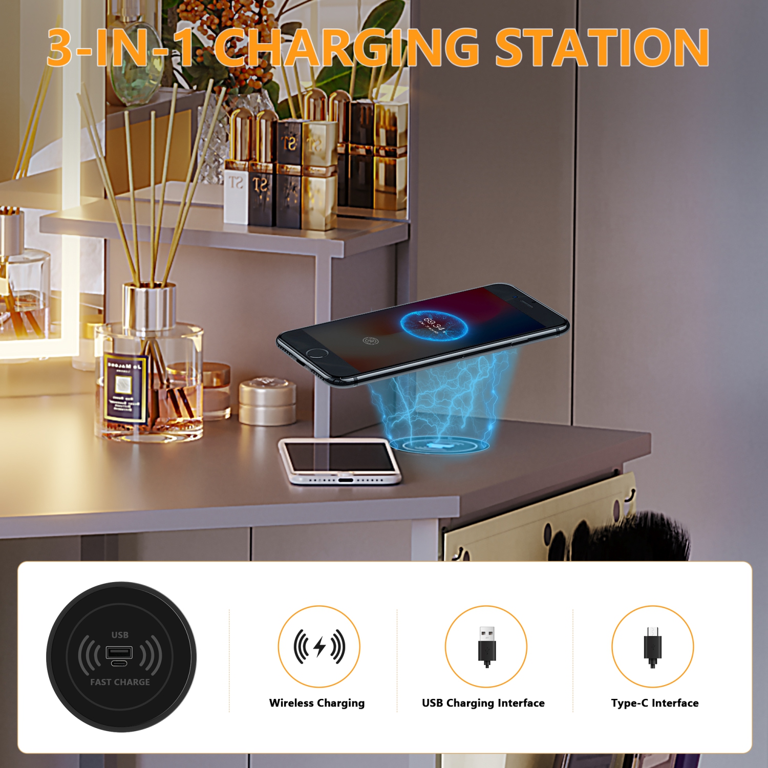 Coiffeuse Vlsrka avec miroir et lampes, coiffeuse à maquillage avec station de recharge, table à langer avec 3 options d'éclairage, ensemble