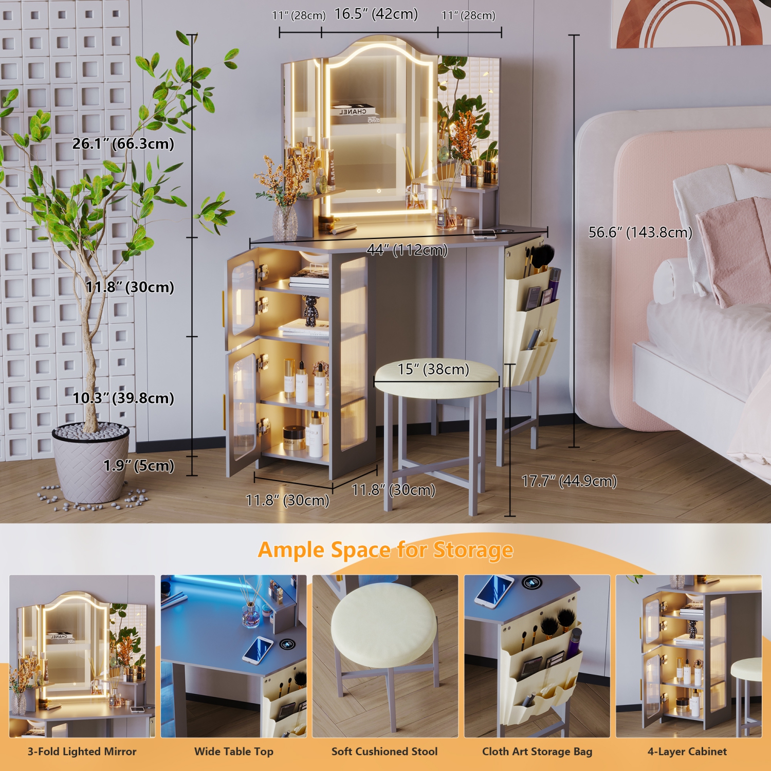 Coiffeuse Vlsrka avec miroir et lampes, coiffeuse à maquillage avec station de recharge, table à langer avec 3 options d'éclairage, ensemble