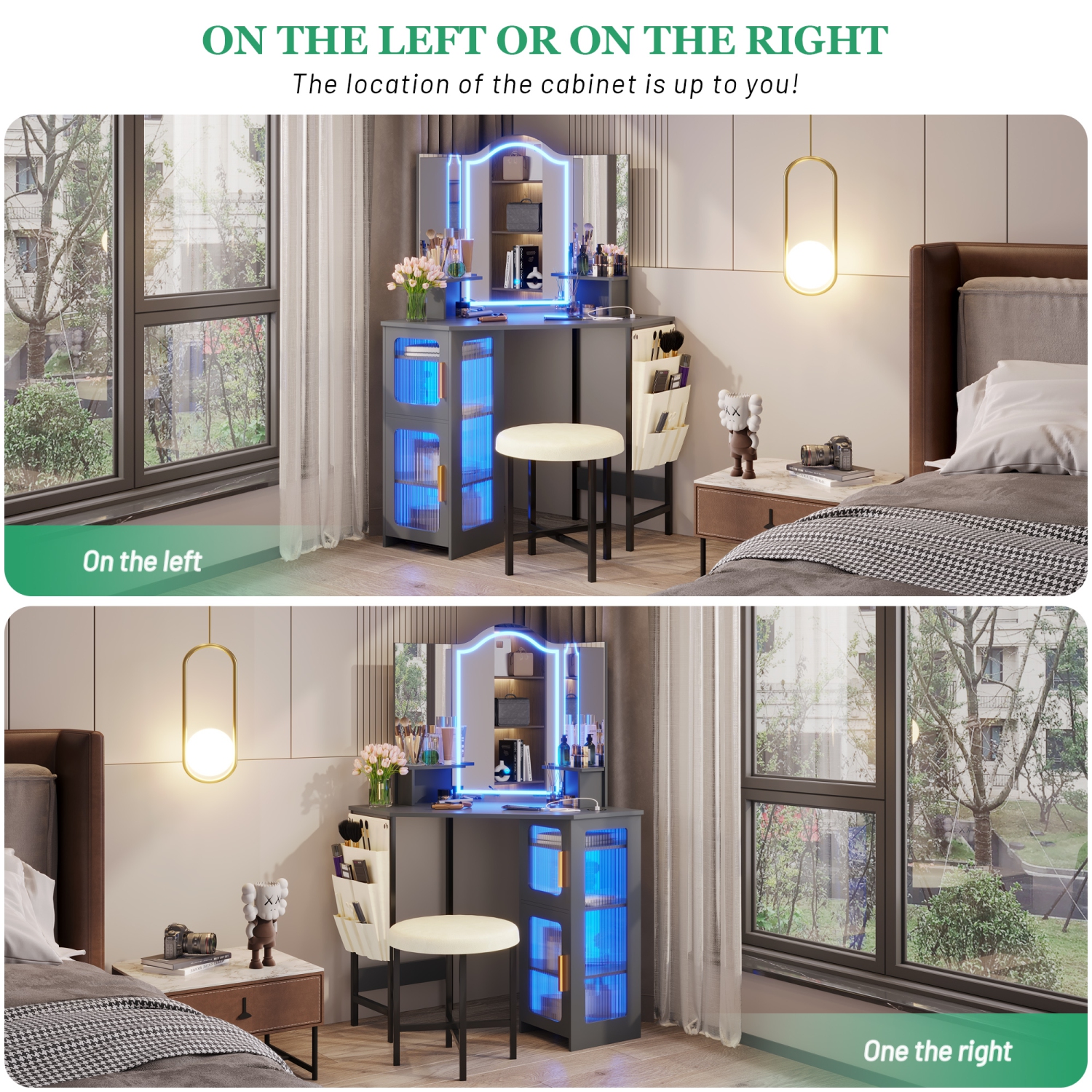 Coiffeuse Vlsrka avec miroir et lampes, coiffeuse à maquillage avec station de recharge, table à langer avec 3 options d'éclairage, ensemble