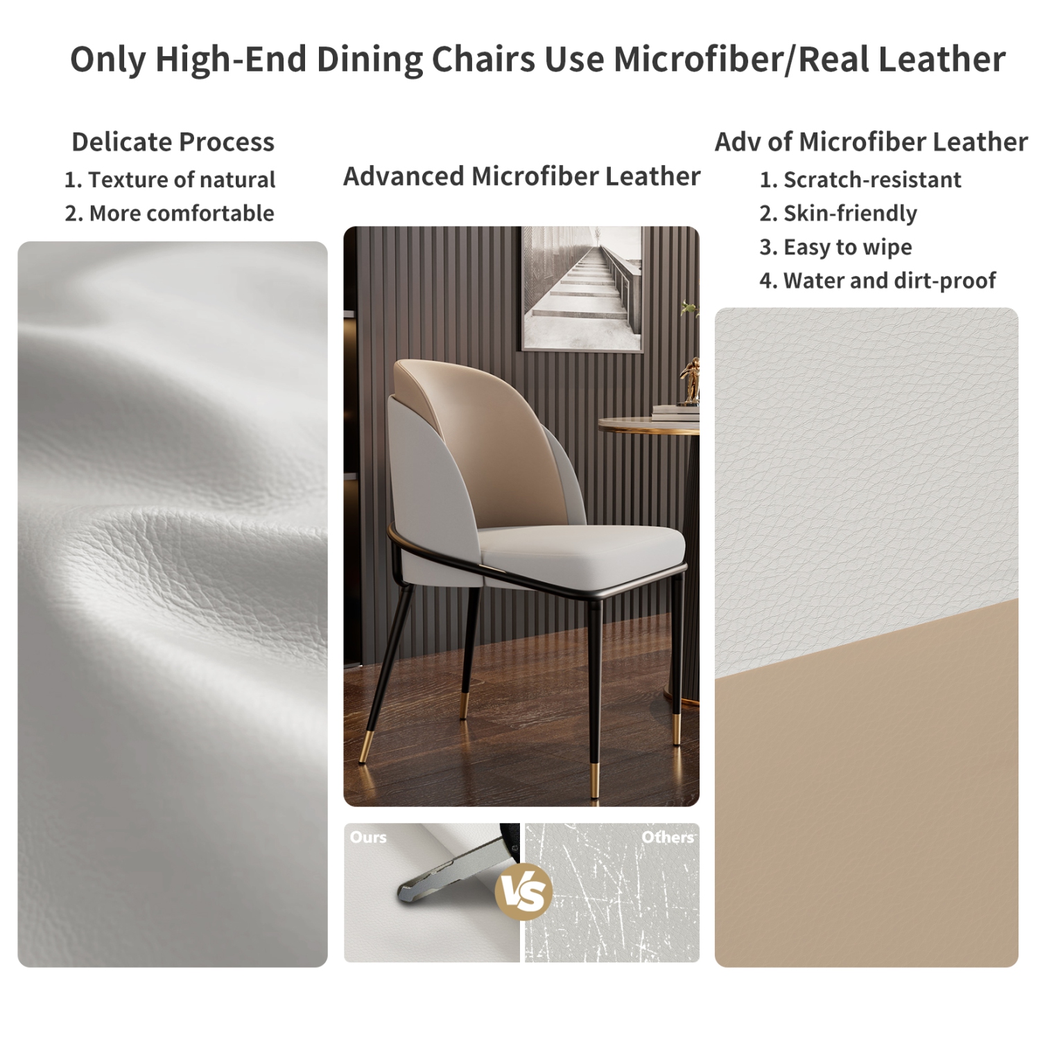 Upscale Two Toned Dining Chairs:Set of 2 Microfiber Leather Dining Chair with Breathable Sponge Cushion Antioxidant Metal Legs Soft Backrest for
