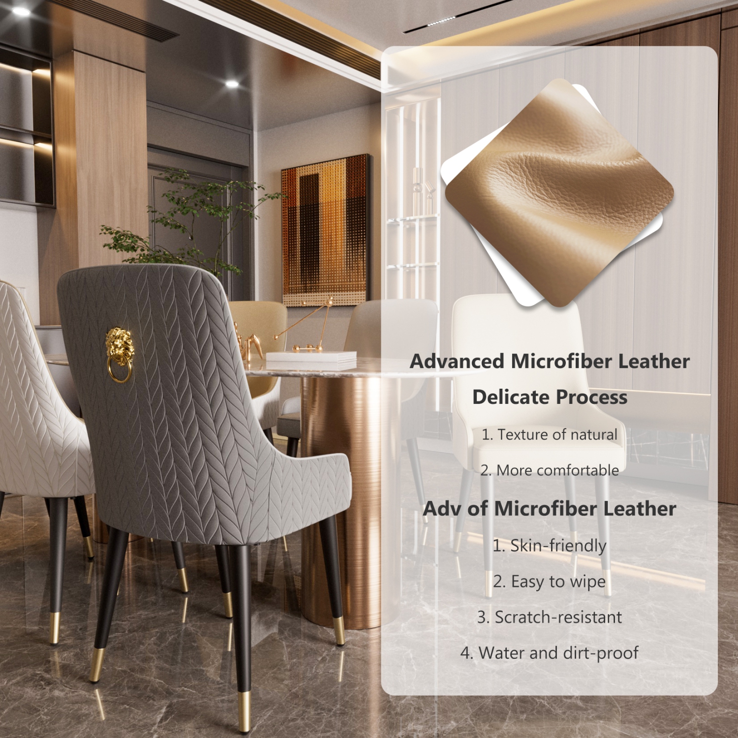 Microfiber Silicone Leather Dining Chairs:Set of 2 Upscale Dining Chair with Breathable Sponge Cushion Antioxidant Metal Legs Luxury Back Lion Head