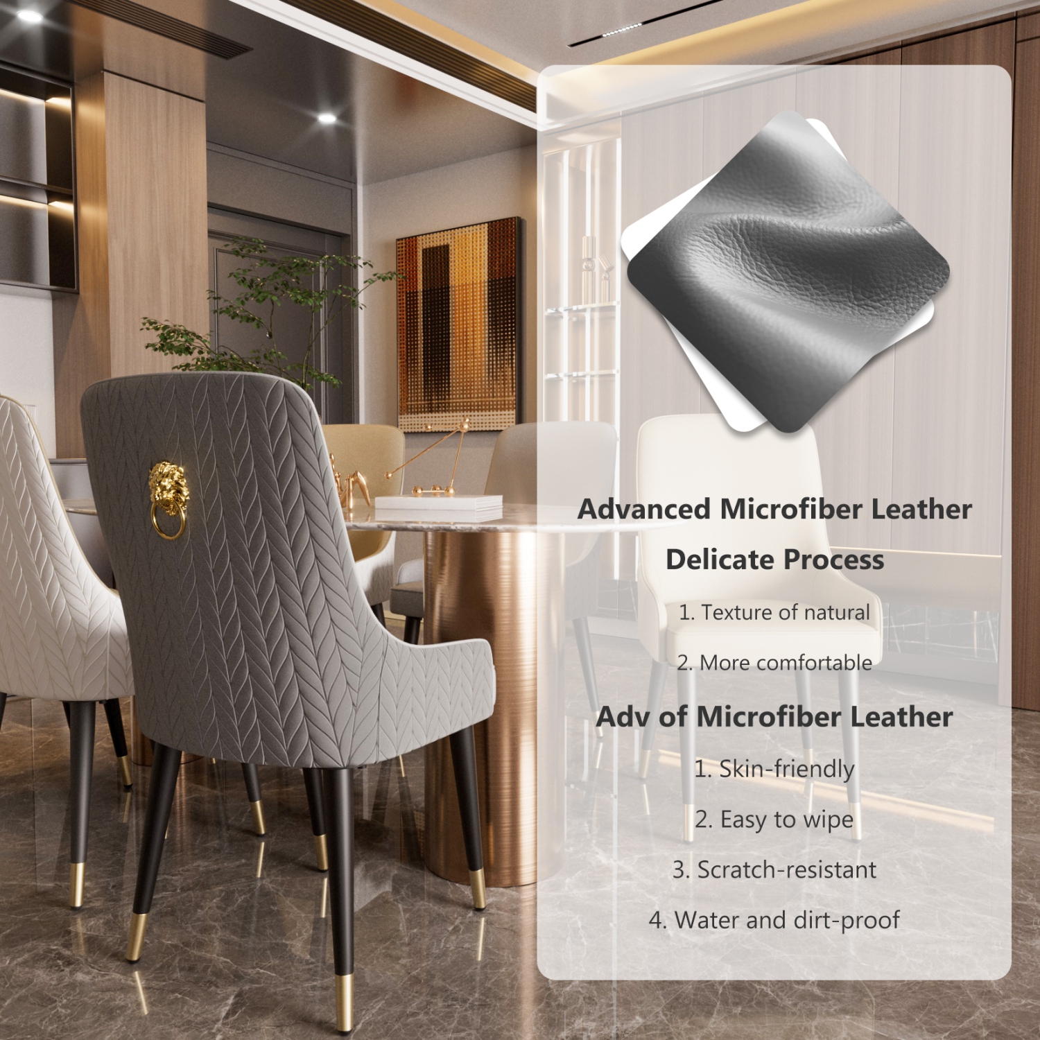 Microfiber Silicone Leather Dining Chairs:Set of 2 Upscale Dining Chair with Breathable Sponge Cushion Antioxidant Metal Legs Luxury Back Lion Head