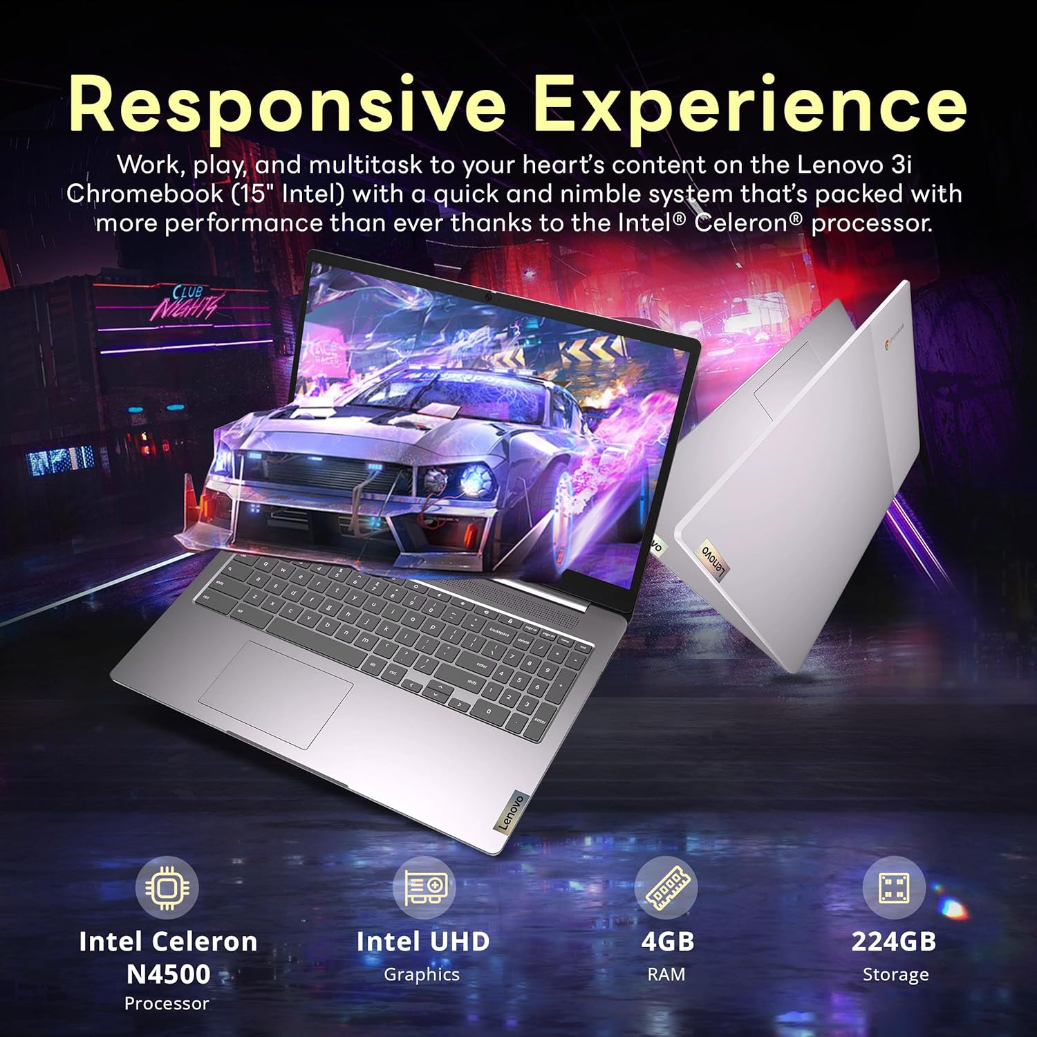 Lenovo IdeaPad 3 15.6" FHD Chromebook, Intel Celeron N4500, 224GB Storage(64GB eMMC+160GB Docking Station Set), 4GB RAM, Intel UHD Graphics, Num Pad,