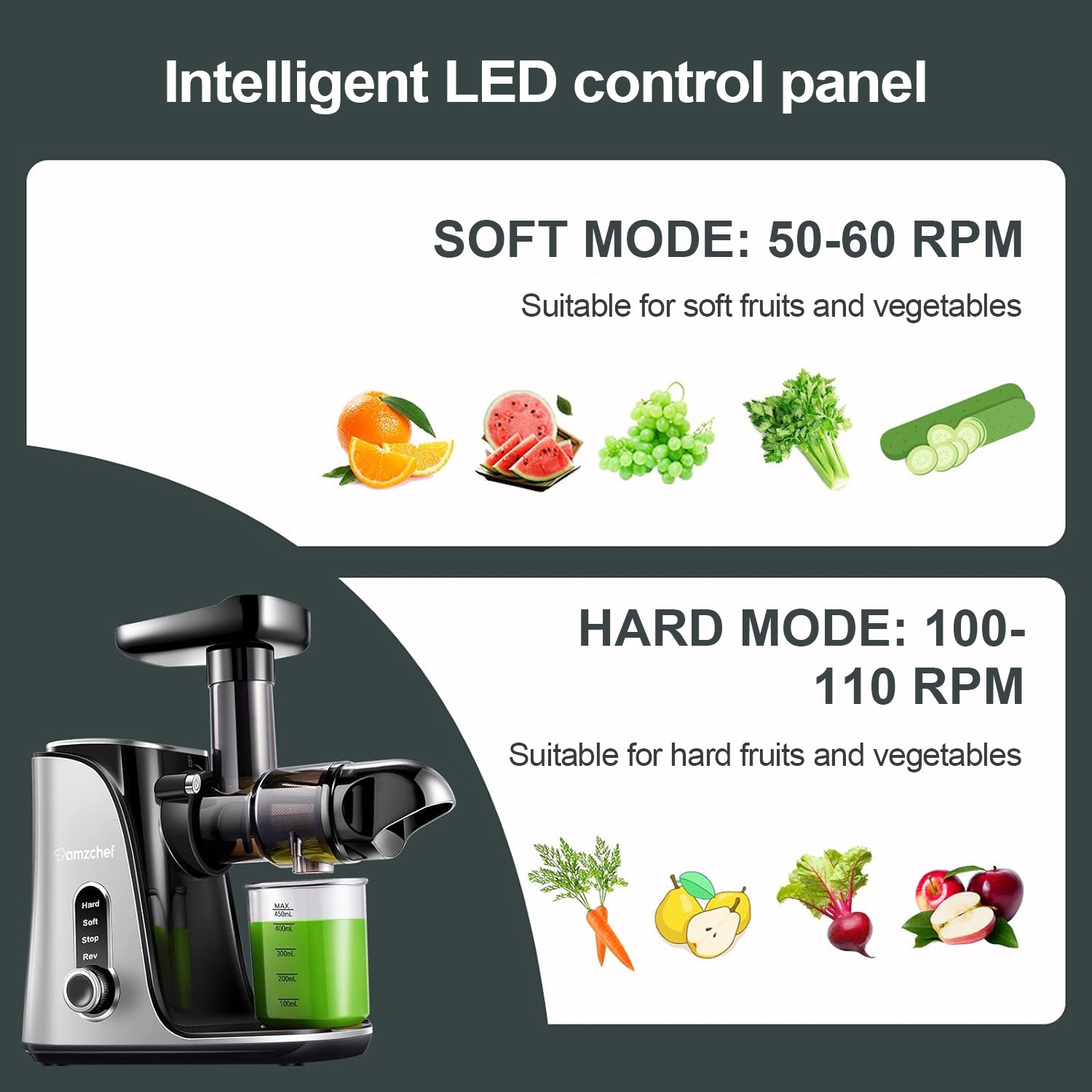 Centrifugeuse lente avec 2 modes de vitesse, extracteur de jus masticateur à pression à froid à haute vitesse, affichage LED, sans BPA, bouton