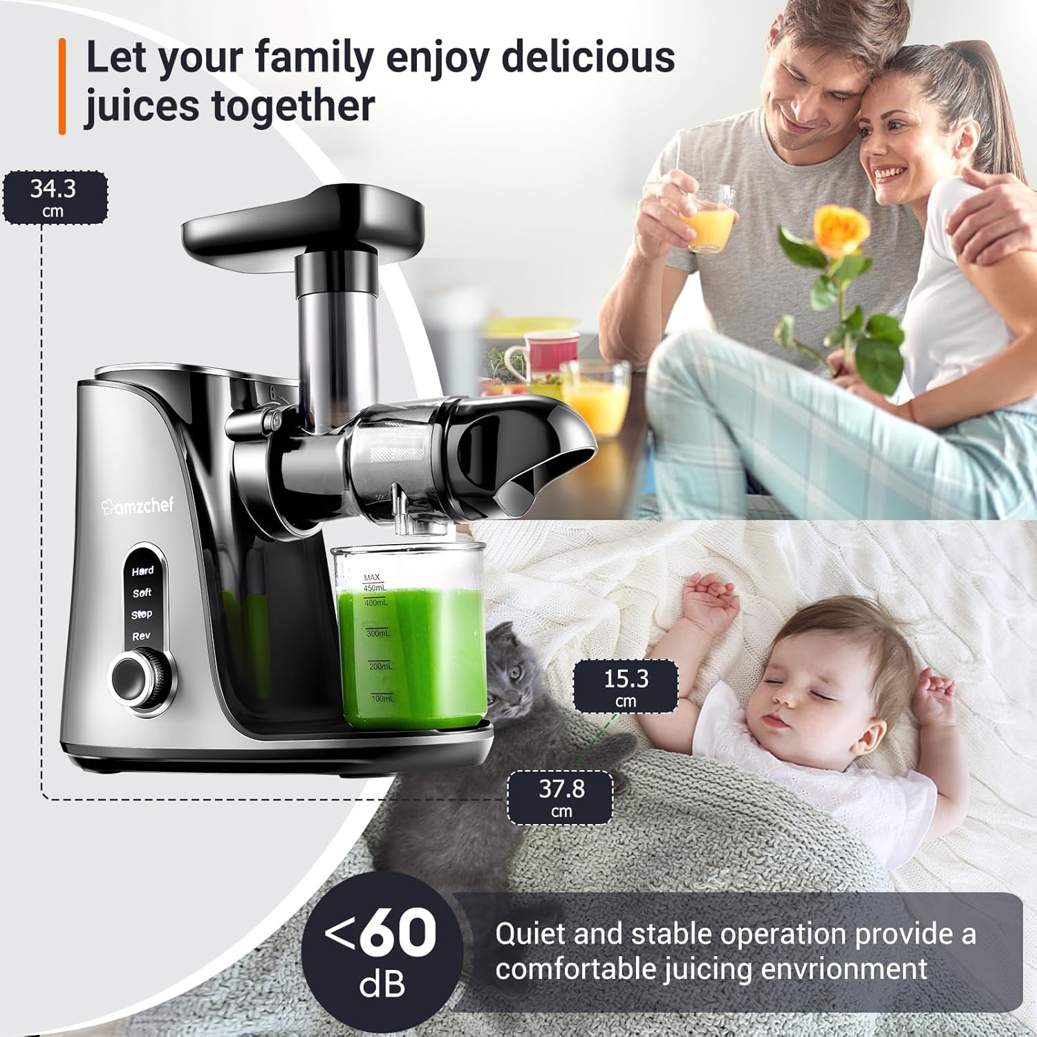 Centrifugeuse lente avec 2 modes de vitesse, extracteur de jus masticateur à pression à froid à haute vitesse, affichage LED, sans BPA, bouton