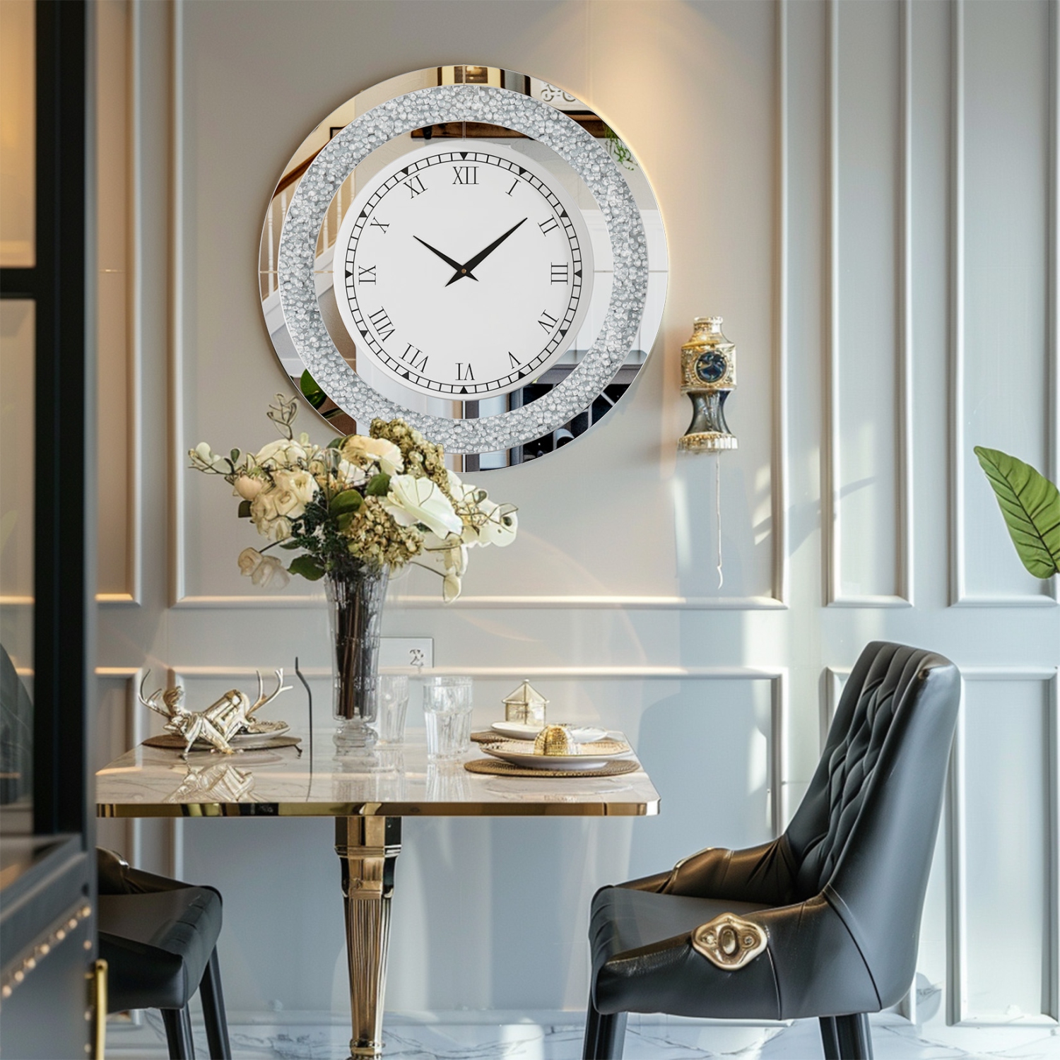 24 Inch Modern Luxury Crystal Diamond Mirrored Clock Glass Wall Bling Clock Home Decor Round Clock For Hallway, Living Room, Bedroom Silver