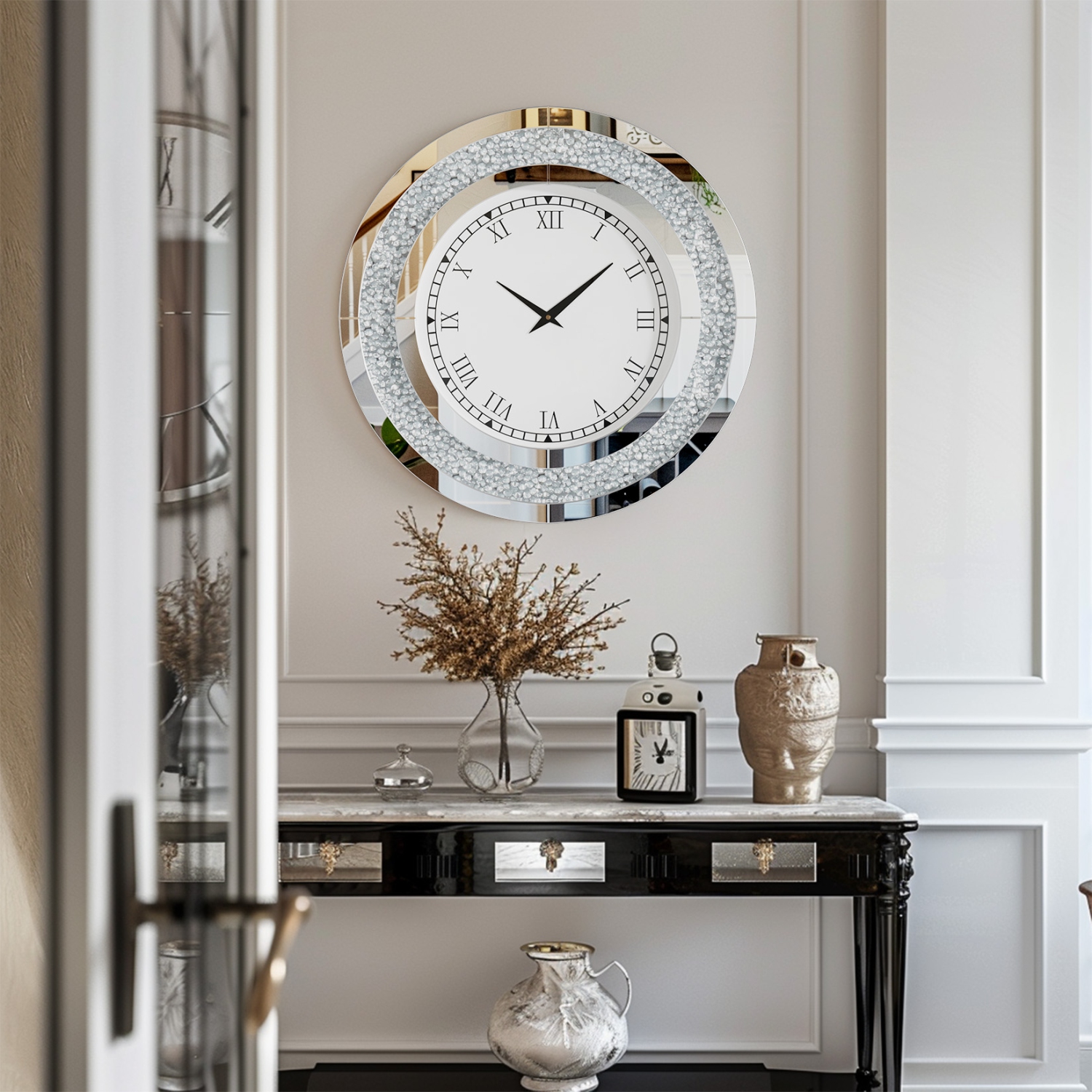 24 Inch Modern Luxury Crystal Diamond Mirrored Clock Glass Wall Bling Clock Home Decor Round Clock For Hallway, Living Room, Bedroom Silver