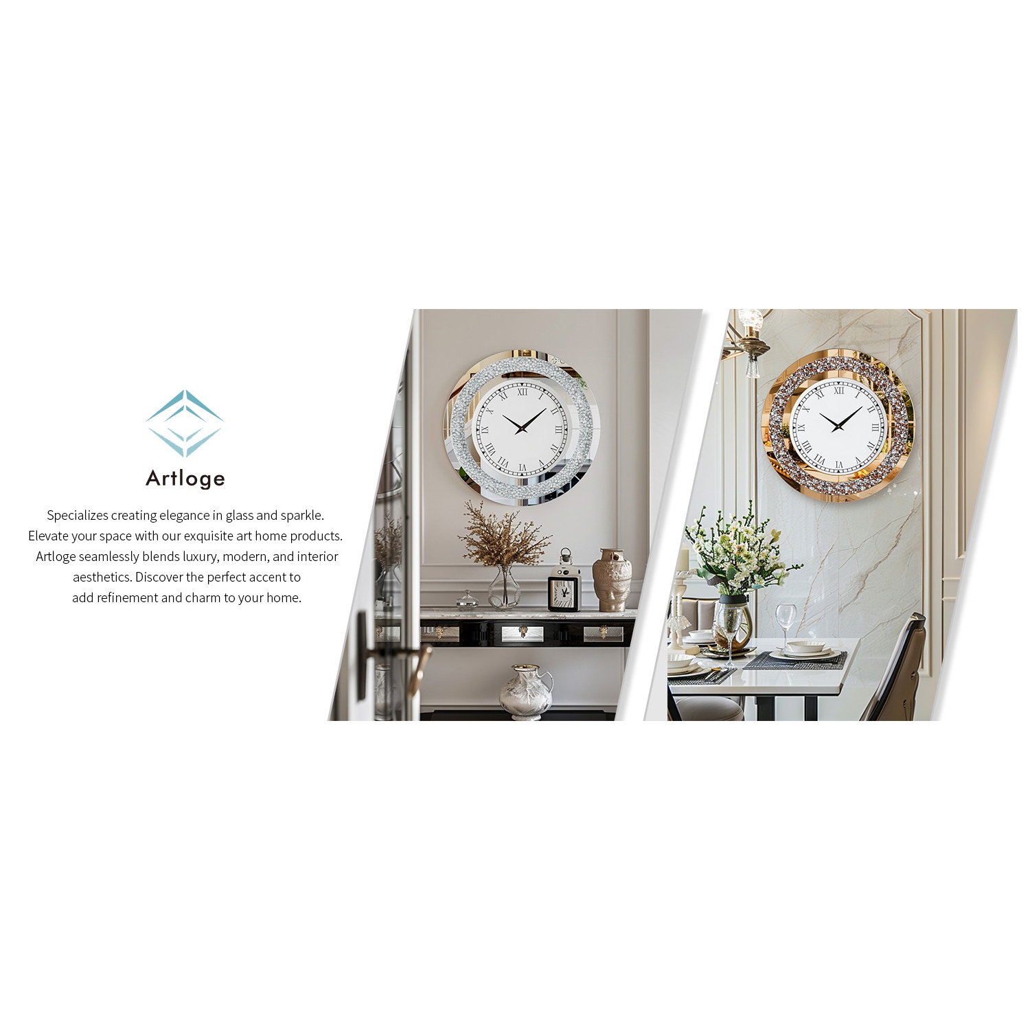 24 Inch Modern Luxury Crystal Diamond Mirrored Clock Glass Wall Bling Clock Home Decor Round Clock For Hallway, Living Room, Bedroom Silver