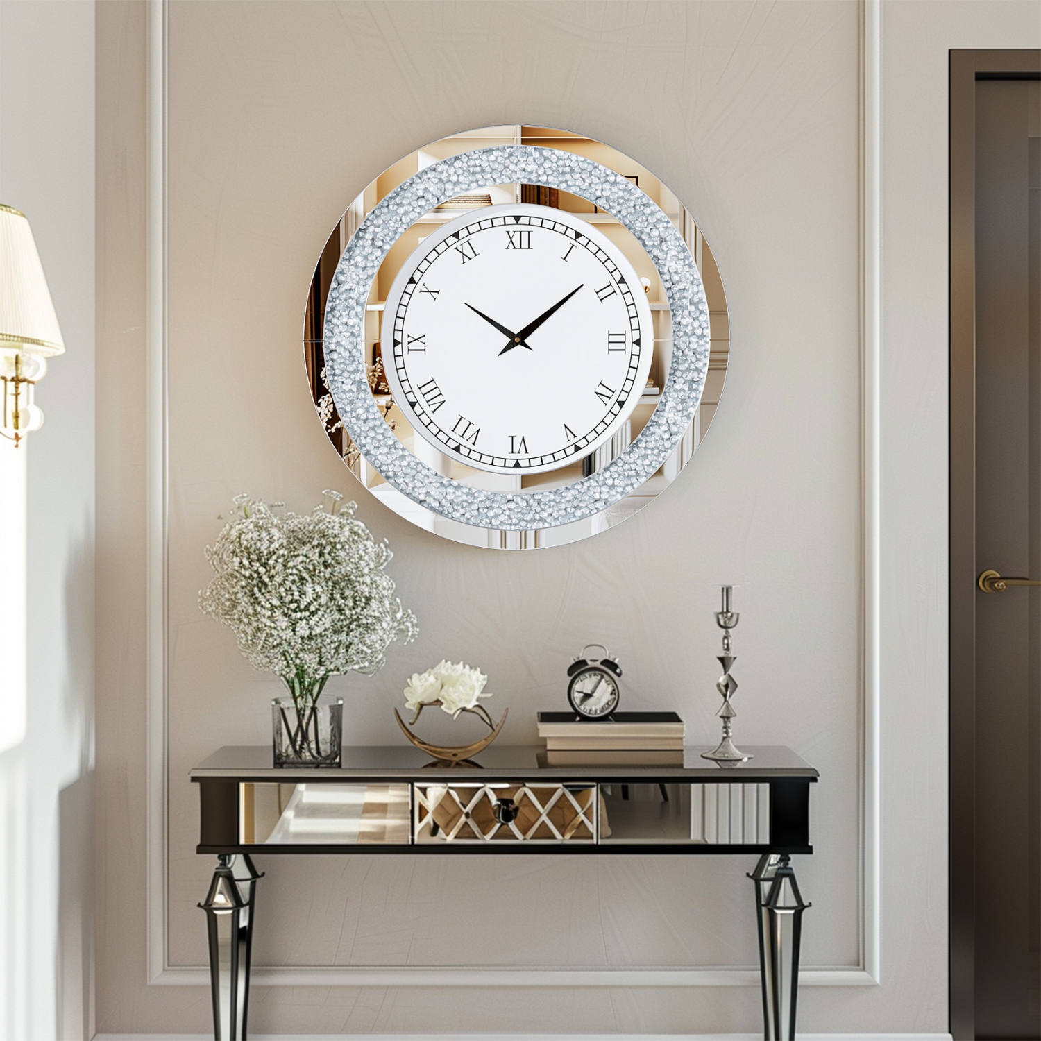 24 Inch Modern Luxury Crystal Diamond Mirrored Clock Glass Wall Bling Clock Home Decor Round Clock For Hallway, Living Room, Bedroom Silver