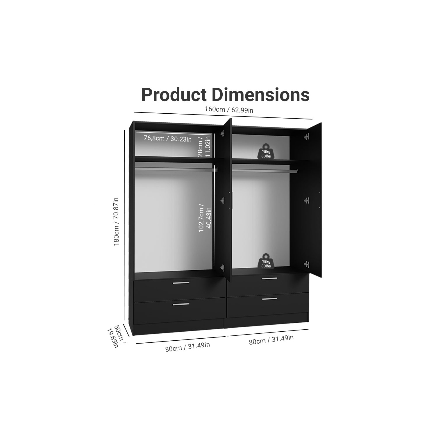 Armoire de rangement à 4 portes et 4 tiroirs Madesa avec tablettes et espace suspendu Armoire de rangement en bois de 63&nbsp;po de long pour chambre