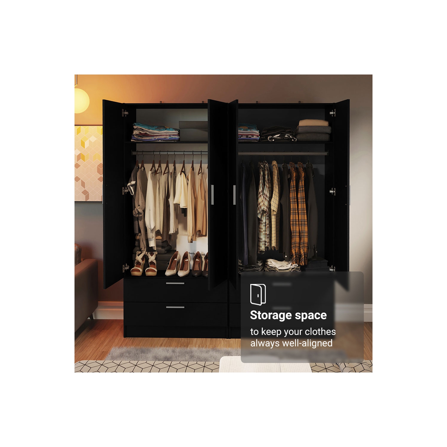 Armoire de rangement à 4 portes et 4 tiroirs Madesa avec tablettes et espace suspendu Armoire de rangement en bois de 63&nbsp;po de long pour chambre