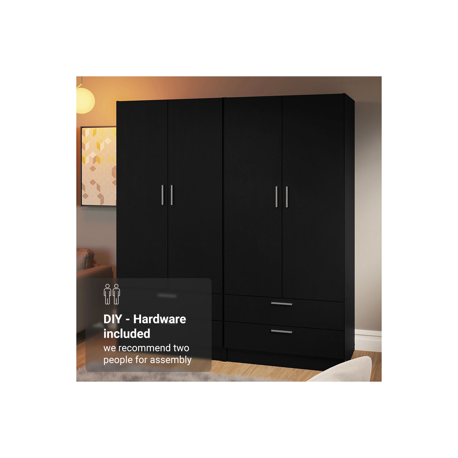 Armoire de rangement à 4 portes et 4 tiroirs Madesa avec tablettes et espace suspendu Armoire de rangement en bois de 63&nbsp;po de long pour chambre