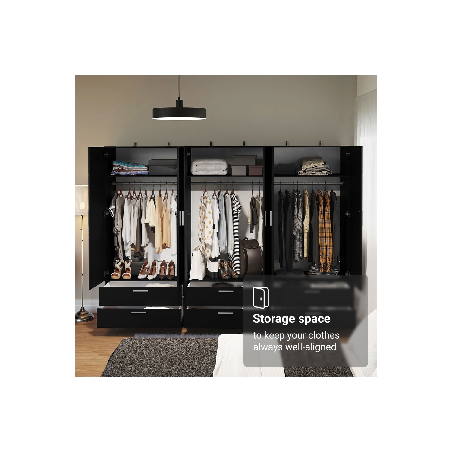 Madesa 6 Doors 6 Drawers Storage Cabinet Wardrobe with Shelves and Hanging Space 94"L Wooden Armoire Closet Organization Unit for Bedroom and Office