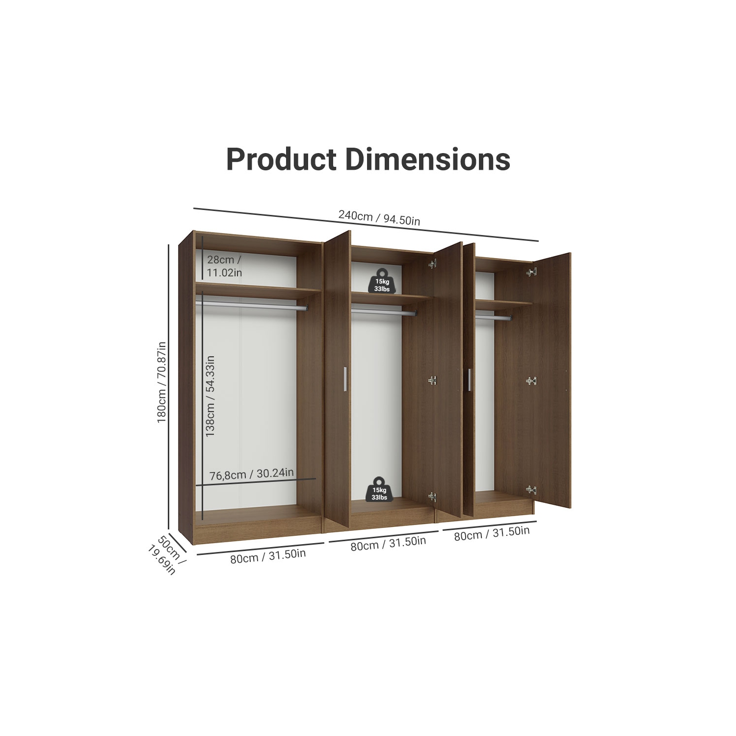 Armoire de rangement à 6 portes avec grandes tablettes et armoire tout usage de 94&nbsp;po de long avec armoire/armoire/rangement pour chambre Madesa