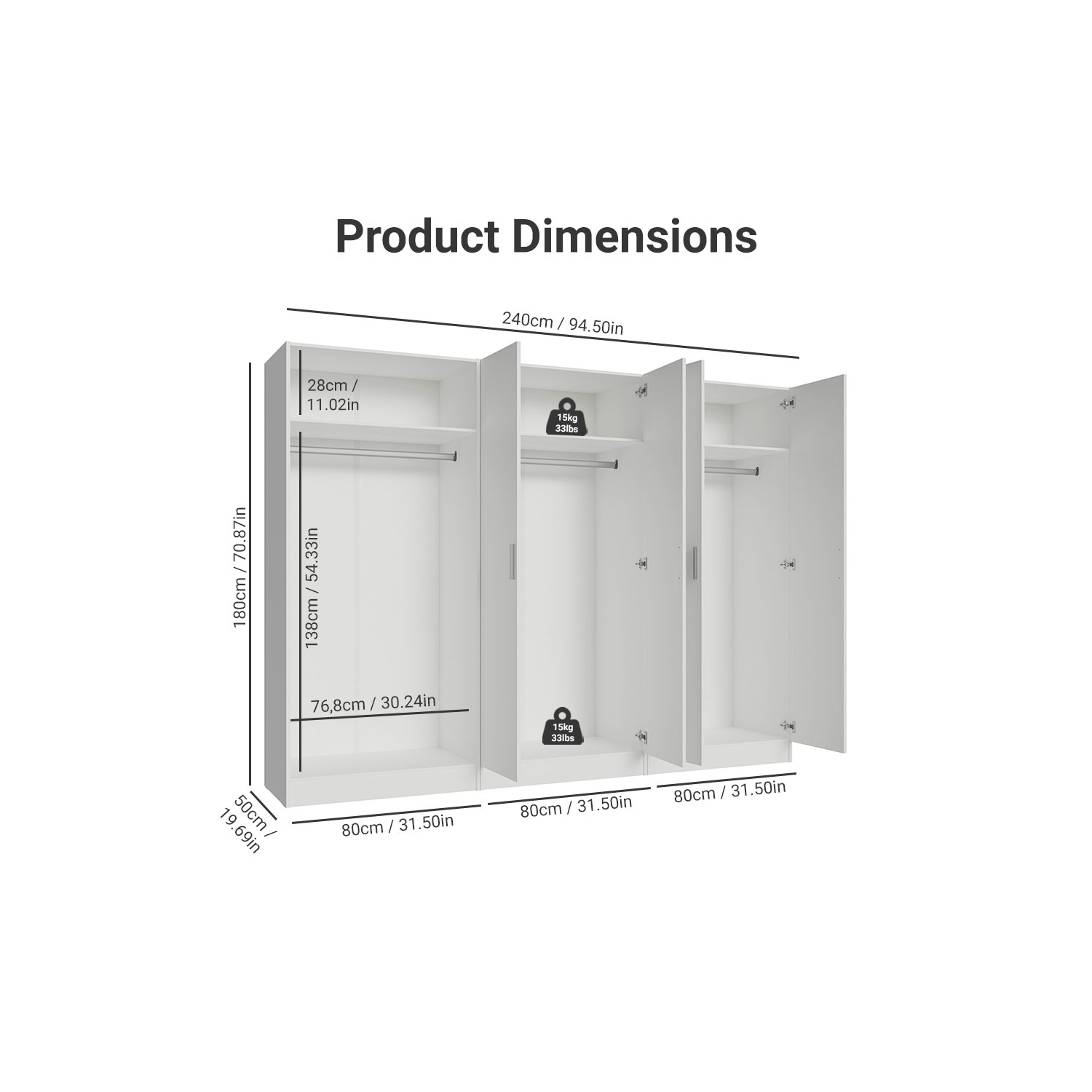 Armoire de rangement à 6 portes avec tablettes spacieuses et armoire tout usage de 94&nbsp;po de long avec armoire/armoire/rangement pour chambre