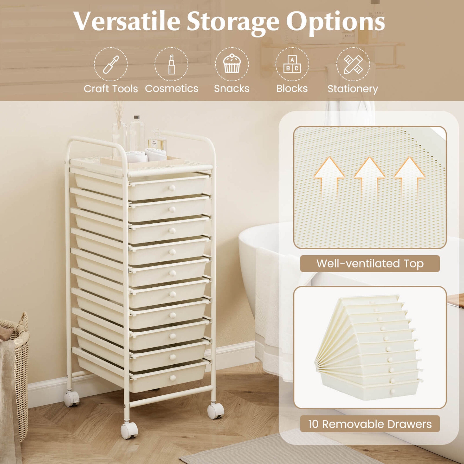 Costway 10 Drawer Rolling Storage Cart Scrapbook Paper Office School Organizer