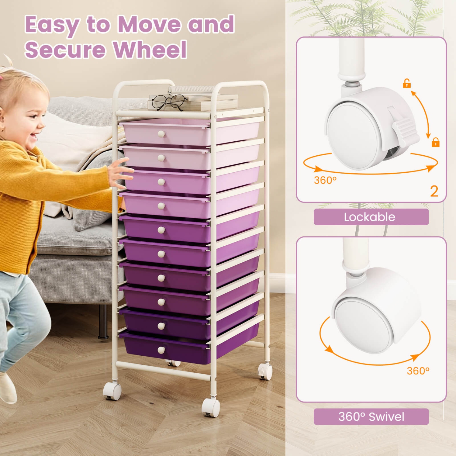 Costway 10 Drawer Rolling Storage Cart Scrapbook Paper Office School Organizer