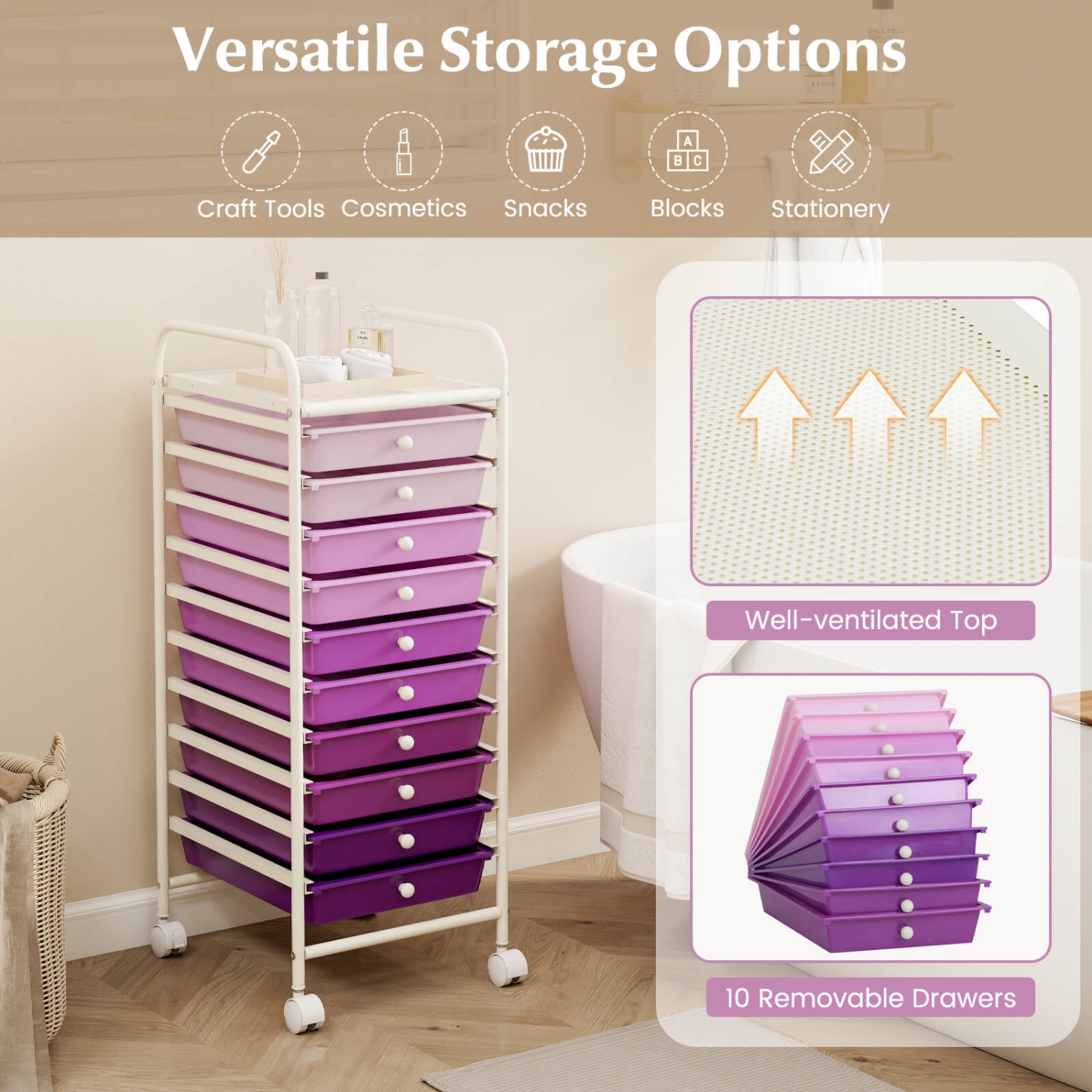Costway 10 Drawer Rolling Storage Cart Scrapbook Paper Office School Organizer