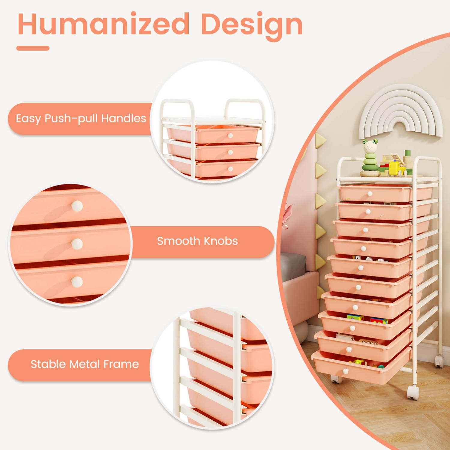Chariot de rangement à roulettes à 10 tiroirs de Costway pour l'organisation scolaire de bureau