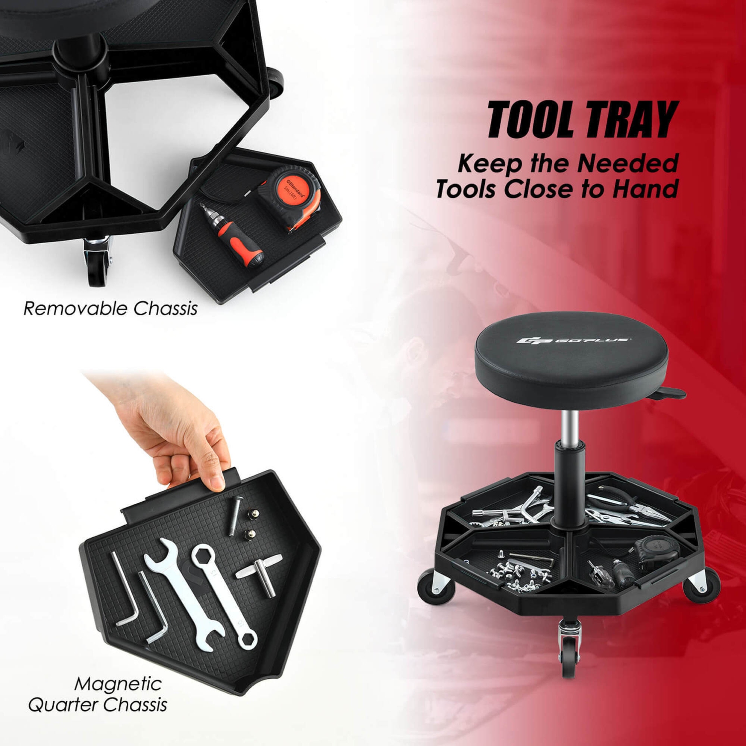 Tabouret robuste à roulettes à hauteur réglable avec plateau à outils de Costway, capacité de 330 LB