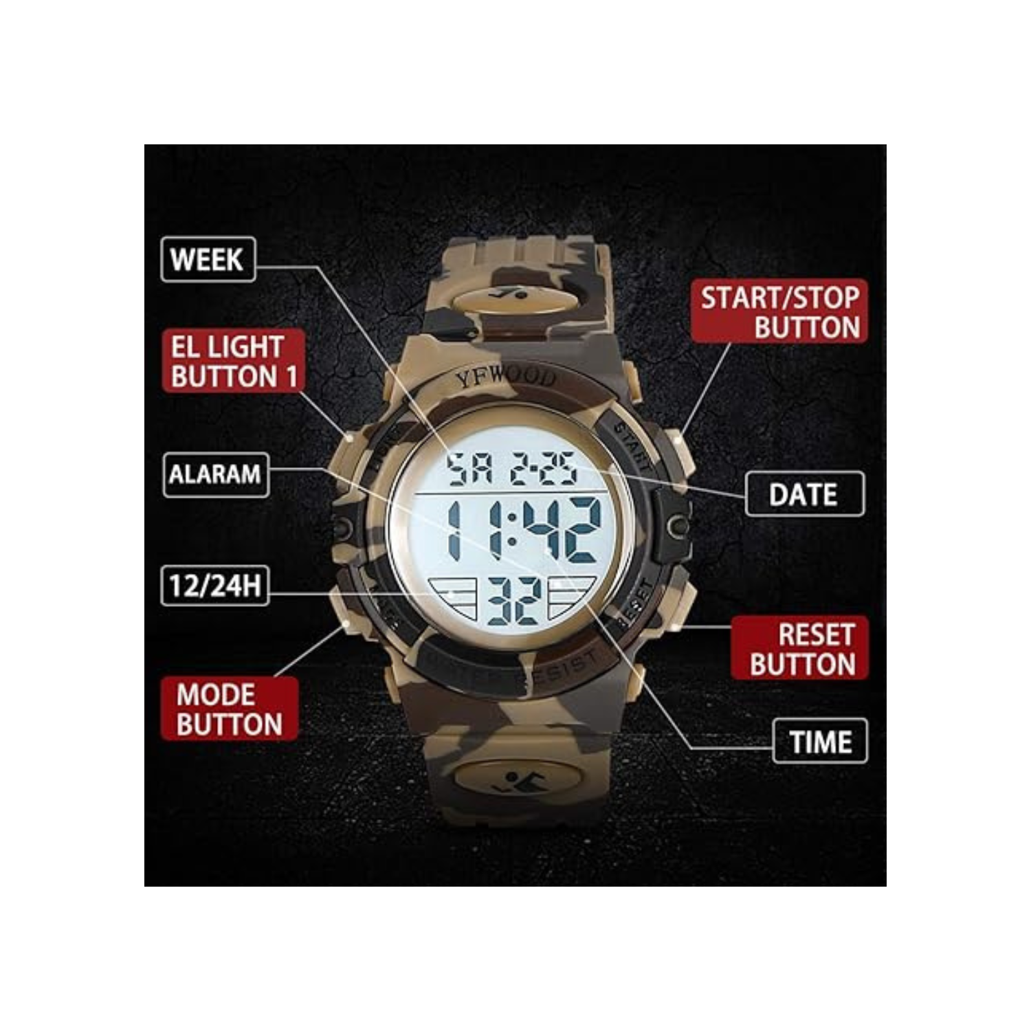 YFWOOD Kids Digital Watch Waterproof Outdoor Watches Children Casual Electronic Analog Quartz Wrist Watches with Silicone Band Luminous Alarm