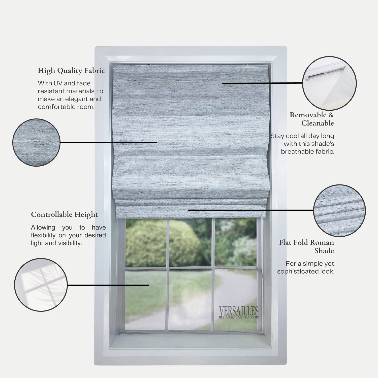 Versailles - Cordless Roman Shade, Caesar Collection, Room Darkening Fabric, 38" x 63", Light Grey